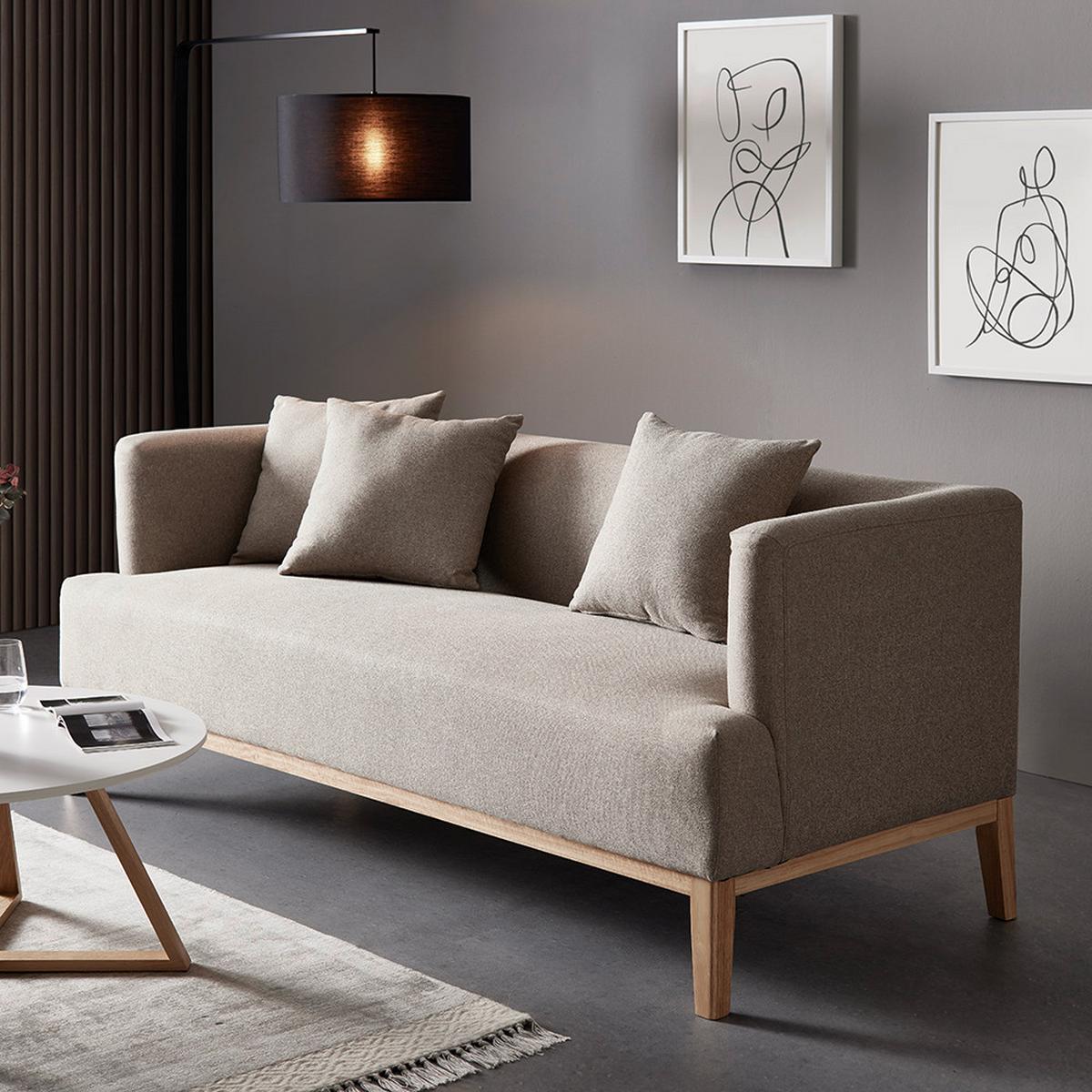 Pohovka s vankúšmi MINA béžová - prírodná farba/béžová, Modern, drevo/textil (190/78/81cm) - Bessagi Home
