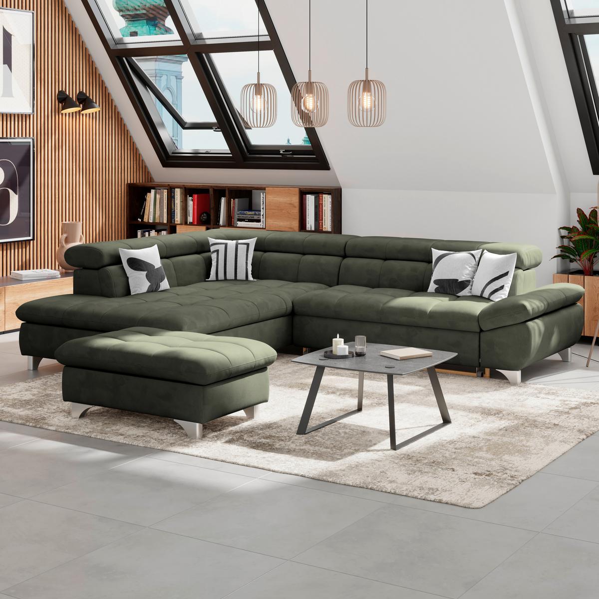 Ecksofa Gemini Waldgrün, B: 234cm - Chromfarben/Dunkelgrün, KONVENTIONELL, Textil (234/312cm)