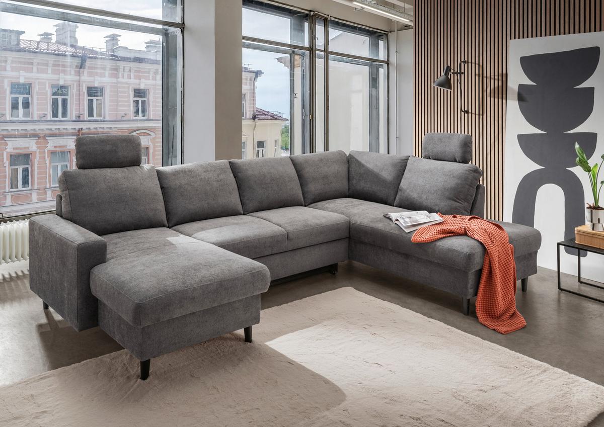 Wohnlandschaft Passione Dunkelgrau U: 153x305x200 cm - Dunkelgrau/Schwarz, MODERN, Textil (153/305/200cm) - Livetastic