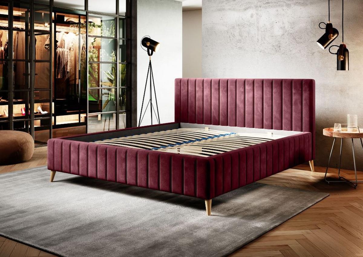 Posteľ s roštom Tamina, 160x200, bordová - prírodná farba/bordová, Design, drevo/textil (160/200cm)