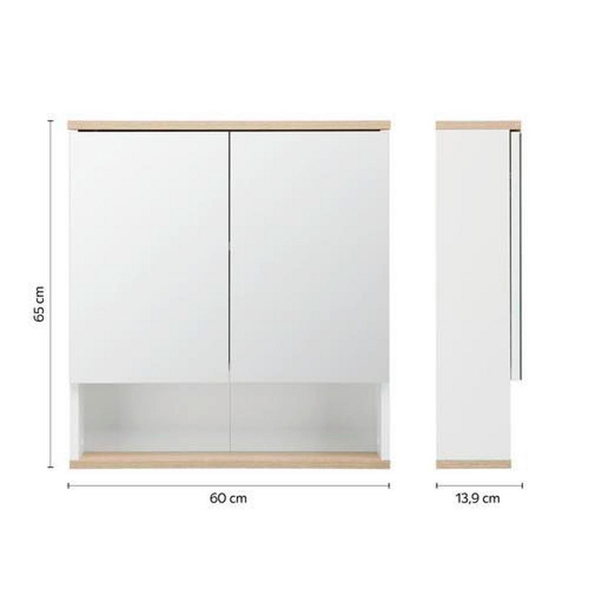 Spiegelschrank Yasmin 2-Türig BxHxT: 60x65x13,9cm Offenes Fach - Eichefarben/Weiß, Basics, Glas/Holzwerkstoff (60/65/13,9cm) - MID.YOU
