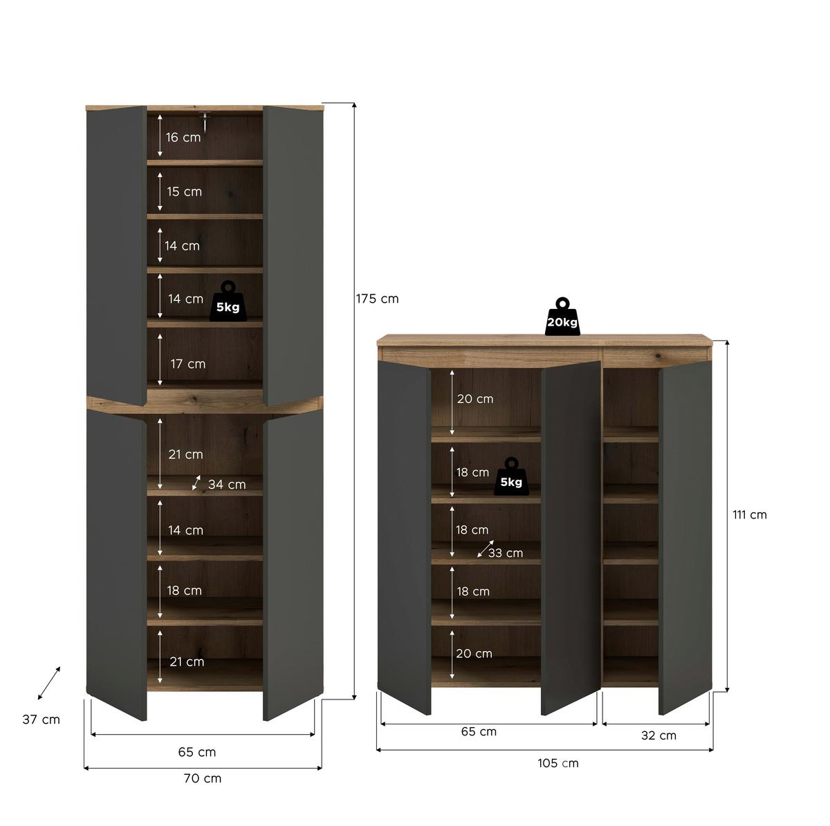 Garderobenschrank Scarpa Eiche Dekor, Anthrazit B:140cm - Eichefarben/Anthrazit, Design, Holzwerkstoff (190/175/37cm) - Livetastic