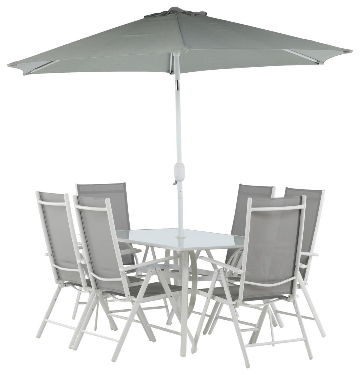 Gartentischgruppe 8-tlg Brekki Aus Aluminium Mit Schirm - Weiß, KONVENTIONELL, Glas/Metall - Gardenson