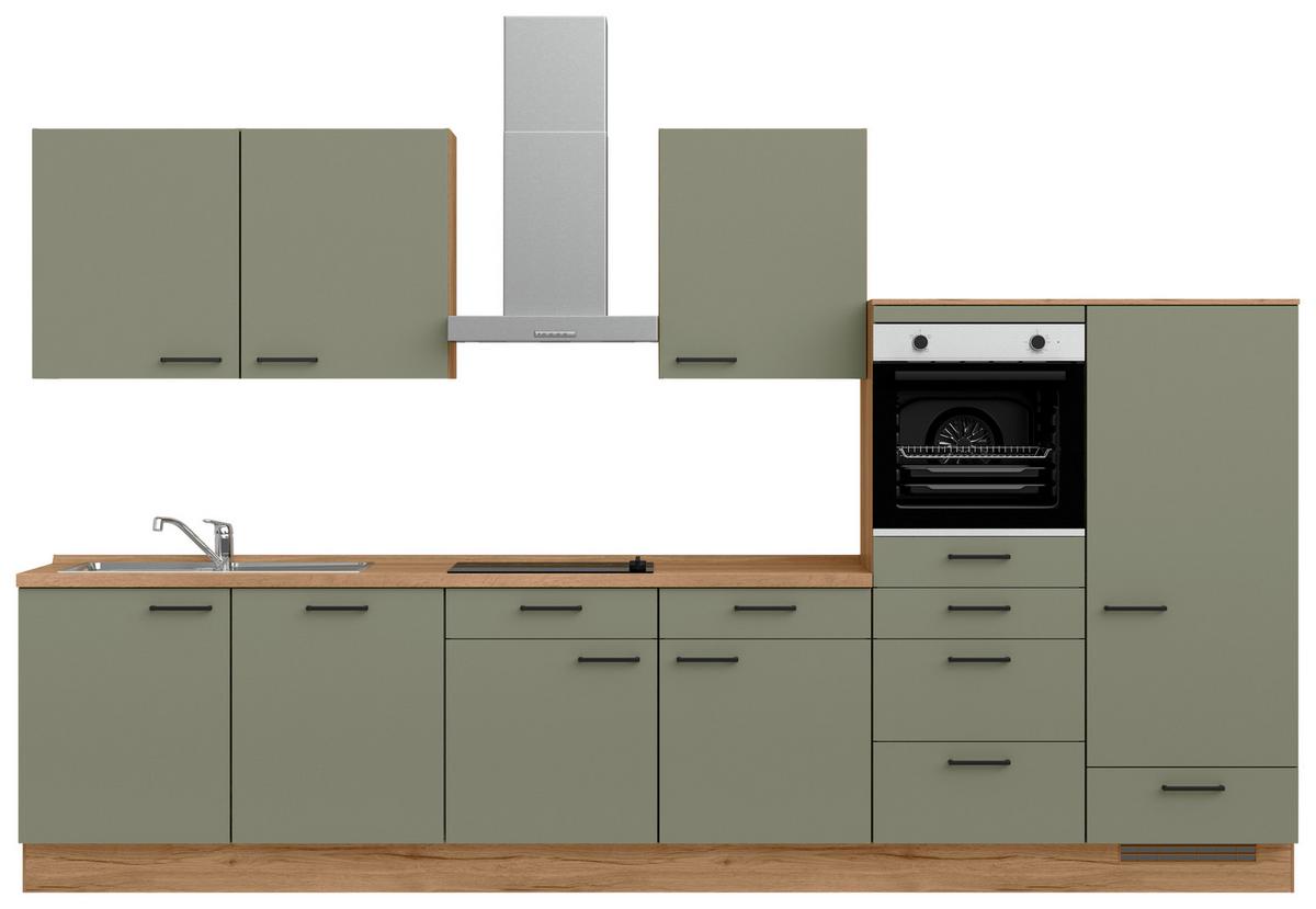 Kuchyňská linka 360 cm, olivově zelená - barvy dubu/černá, Moderní, kov/kompozitní dřevo (360cm) - Nobilia