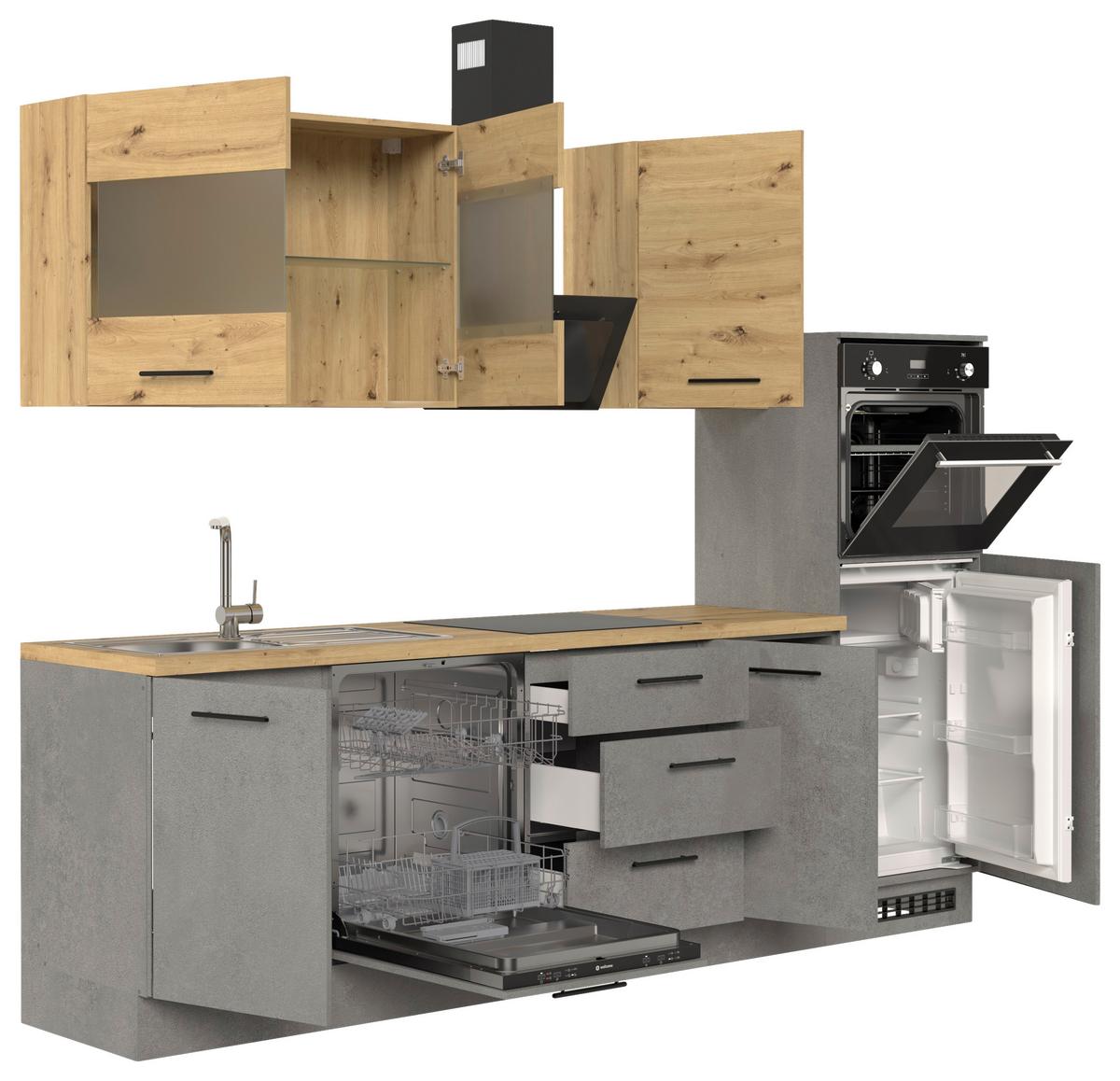 Küchenblock Capri D. Grau/eiche Dekor B: 280 Cm - Dunkelgrau/Eiche Artisan, Basics, Glas/Holzwerkstoff (280cm) - MID.YOU