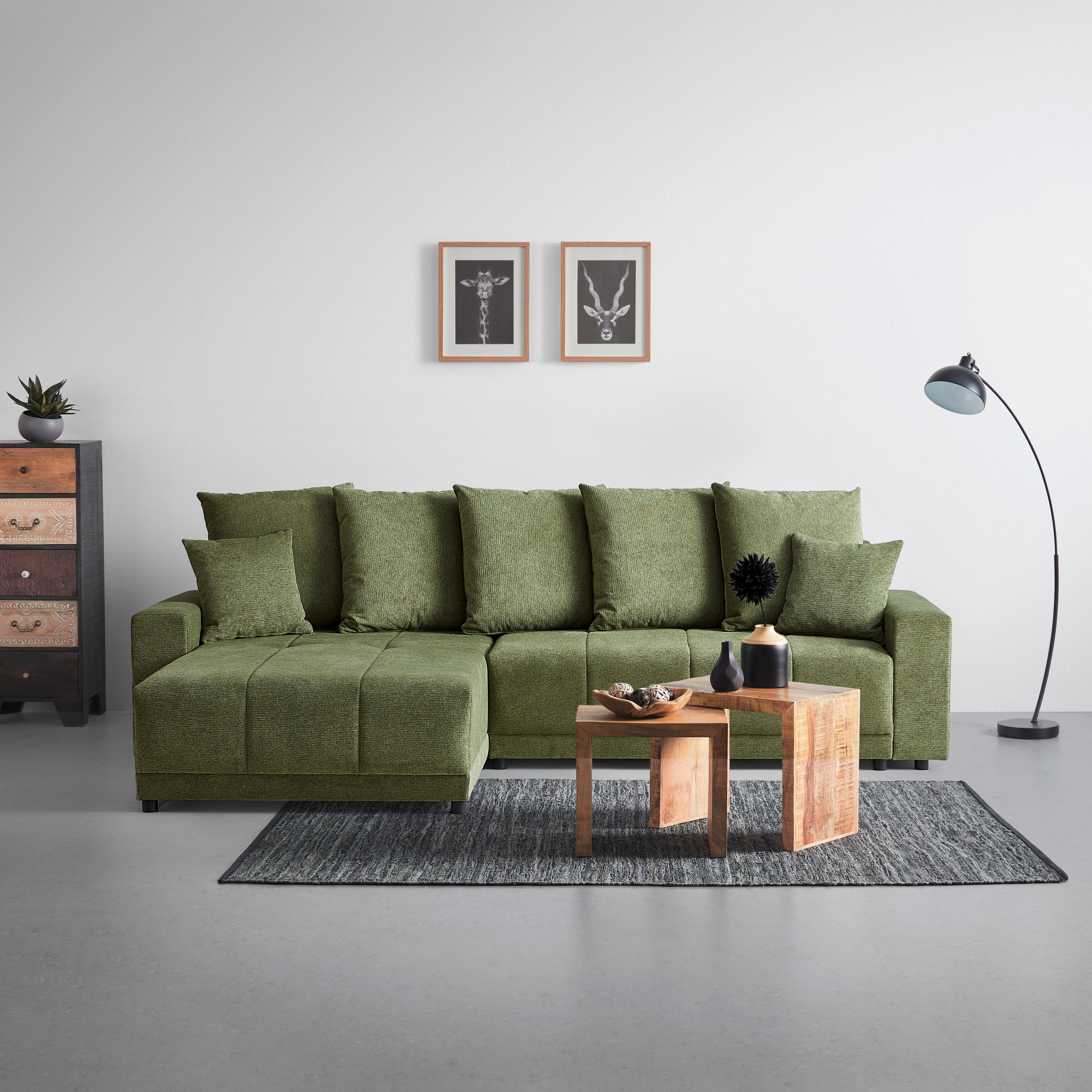 Rohová sedačka ALATRI, obojstranná,zelená,s vankúšmi - čierna/zelená, Modern, textil/plast (289/90/176cm) - Based