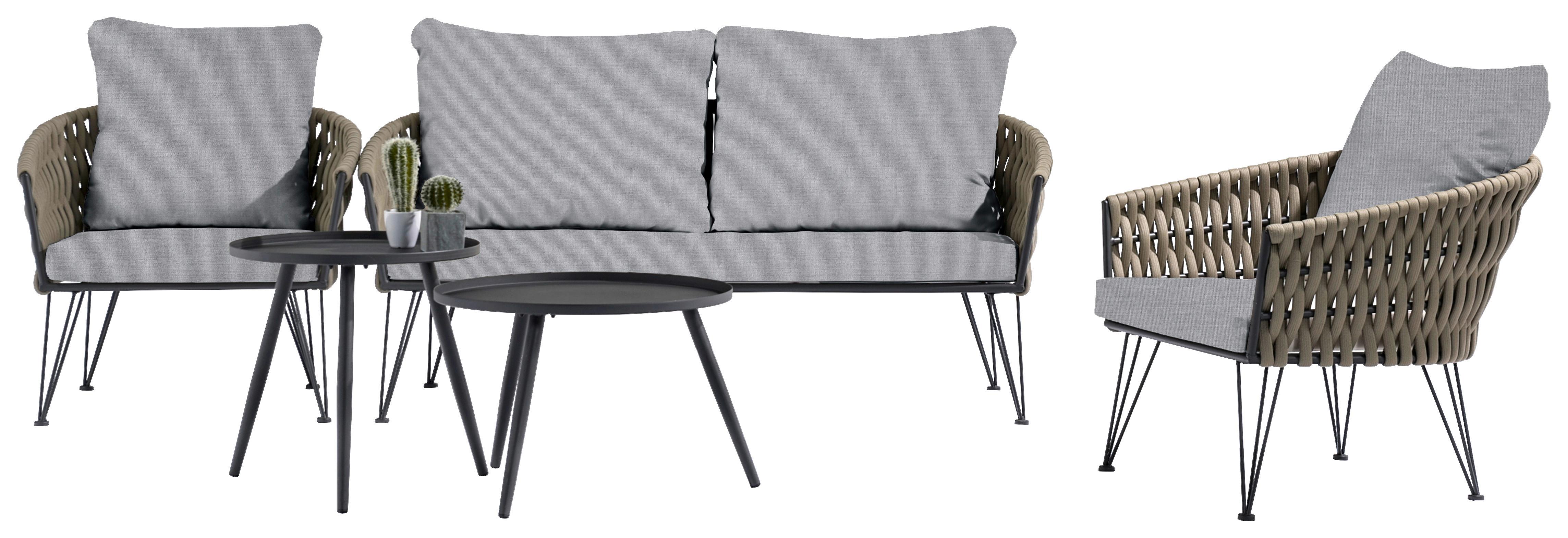 Loungegarnitur 5-Tlg. Palma aus Stahl mit Kissen - Anthrazit/Olivgrün, Basics, Metall (162/79/69cm)