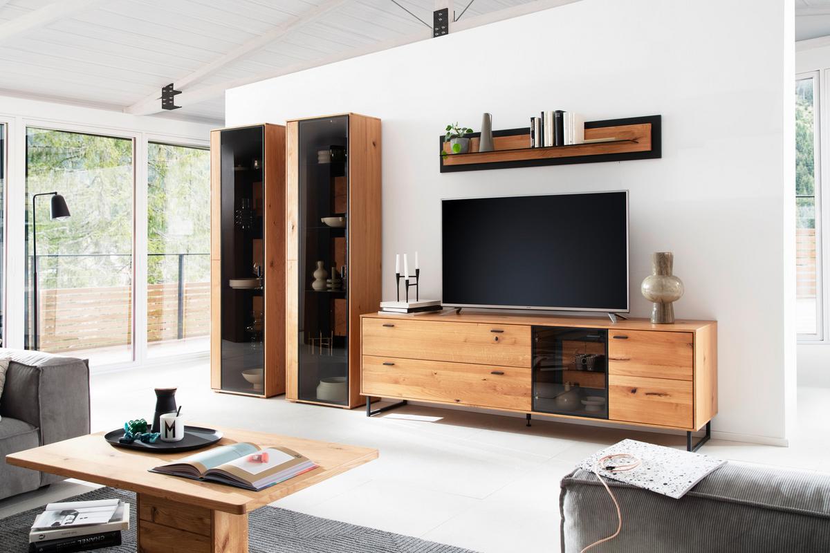 Wohnwand Assini 4-Teilig Wildeiche B: 359 cm - Wildeiche/Schwarz, Design, Glas/Holz (359/206/50cm) - MID.YOU