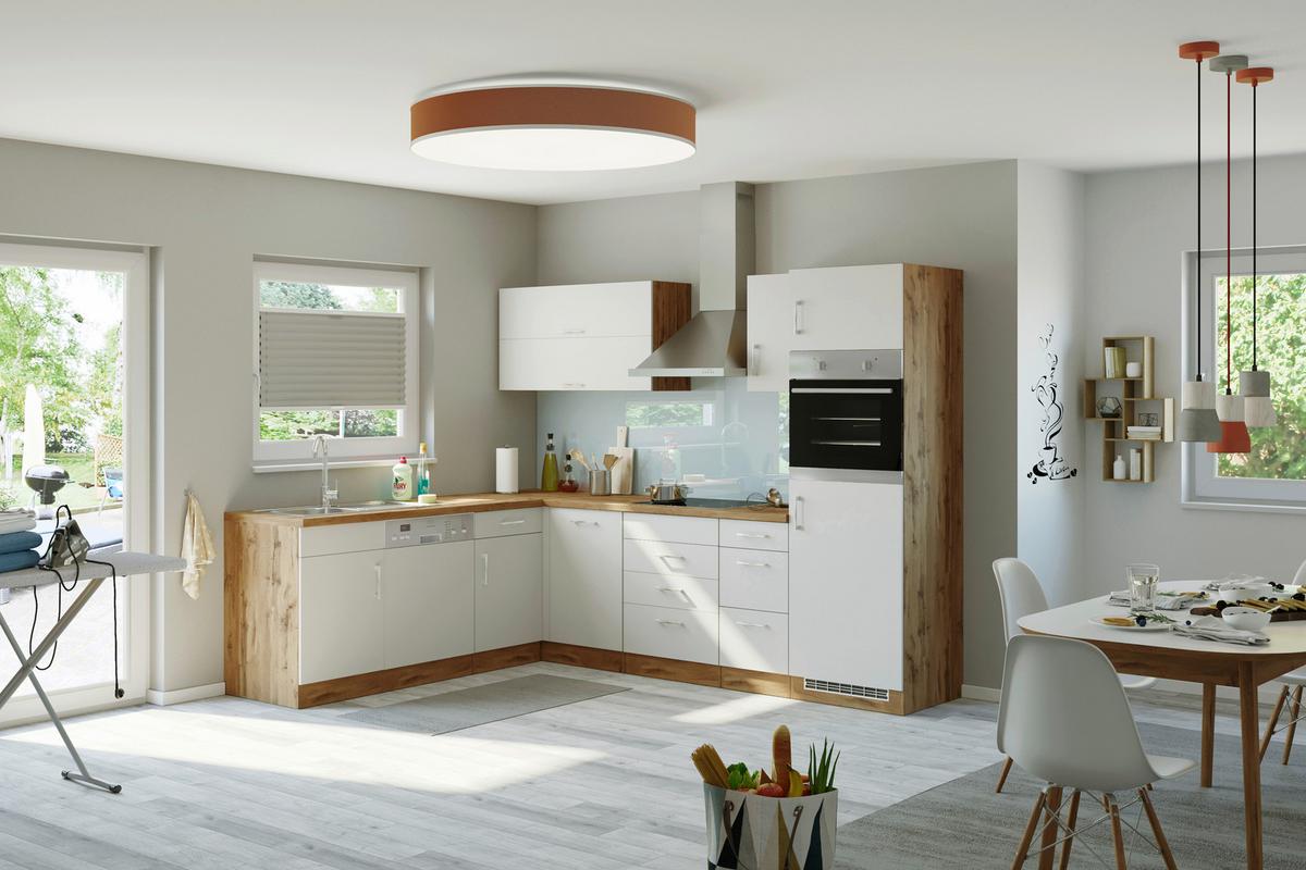 Eckküche Winkelblock Mit Geräten 270x210 Cm Weiß - Eiche Wotan/Weiß, MODERN, Holzwerkstoff (210/270cm) - Held
