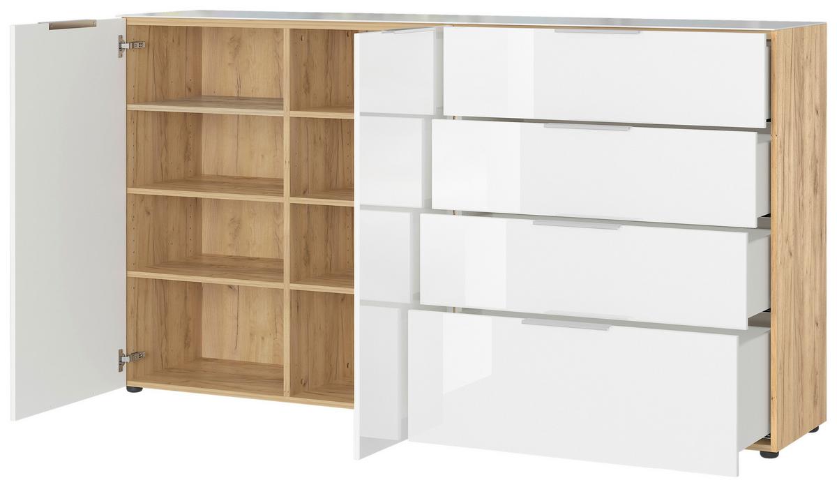 Sideboard mit Glasfronten B: 184 cm Gw-Oakland, Weiß - Eichefarben/Schwarz, KONVENTIONELL, Glas/Holzwerkstoff (184/102/42cm) - Germania
