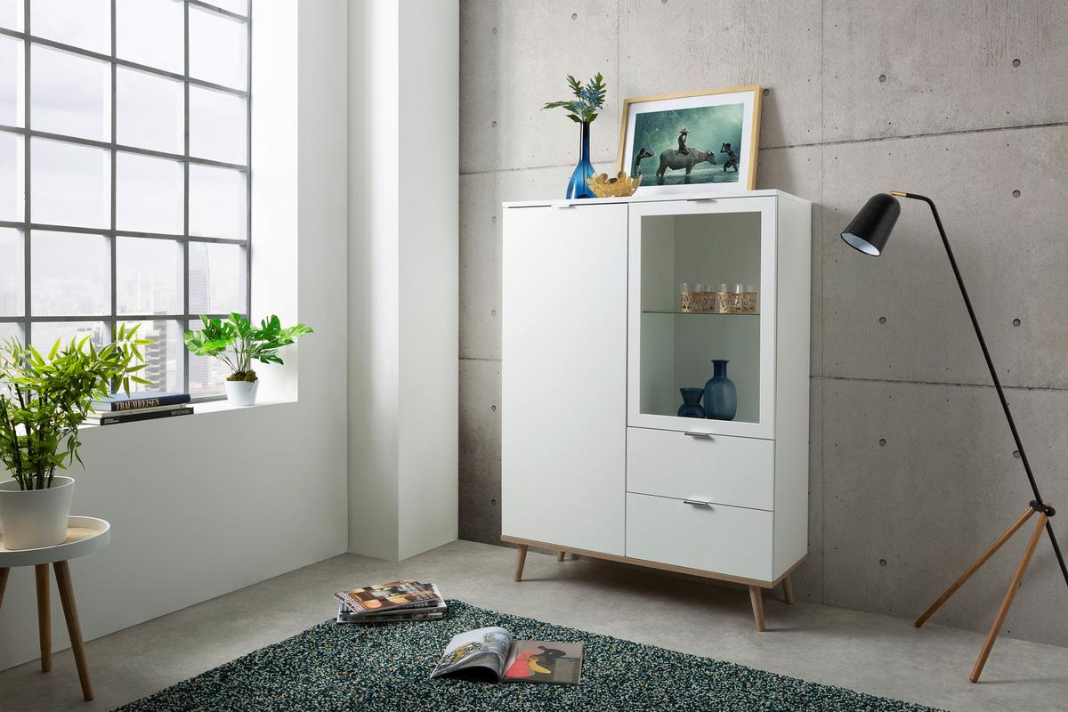 Highboard Mit Glaselementen B 100cm Göteborg, Weiß - Eichefarben/Weiß, KONVENTIONELL, Glas/Holzwerkstoff (100/140/40cm) - MID.YOU