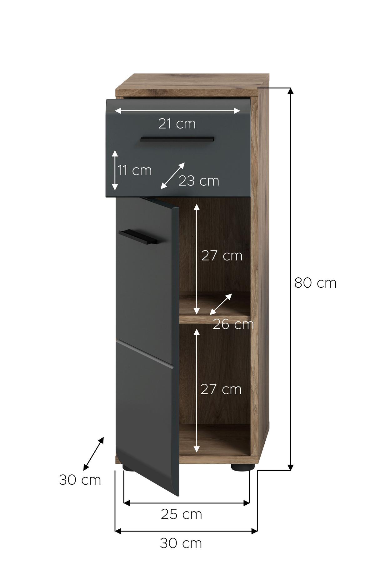Midischrank Ice Schwarz/Eiche Dekor B: 30cm - Eiche dunkel/Schwarz, Basics, Holzwerkstoff (30/80/30cm) - MID.YOU