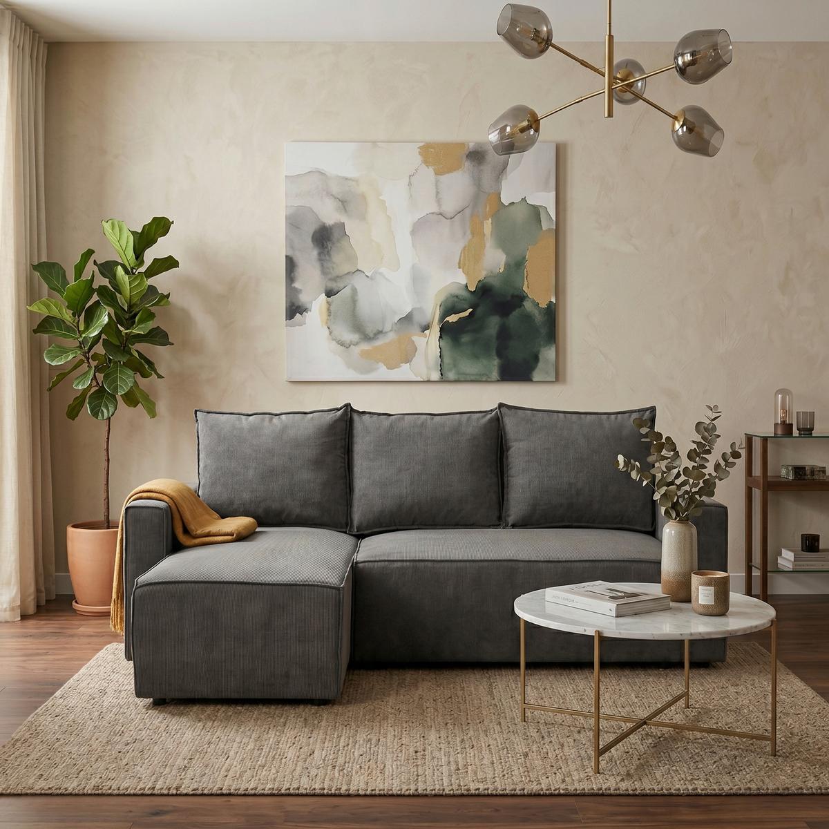 Ecksofa Potaro Feincord grau, S: 238x148cm - Schwarz/Grau, Trend, Holz/Kunststoff (238/148cm)