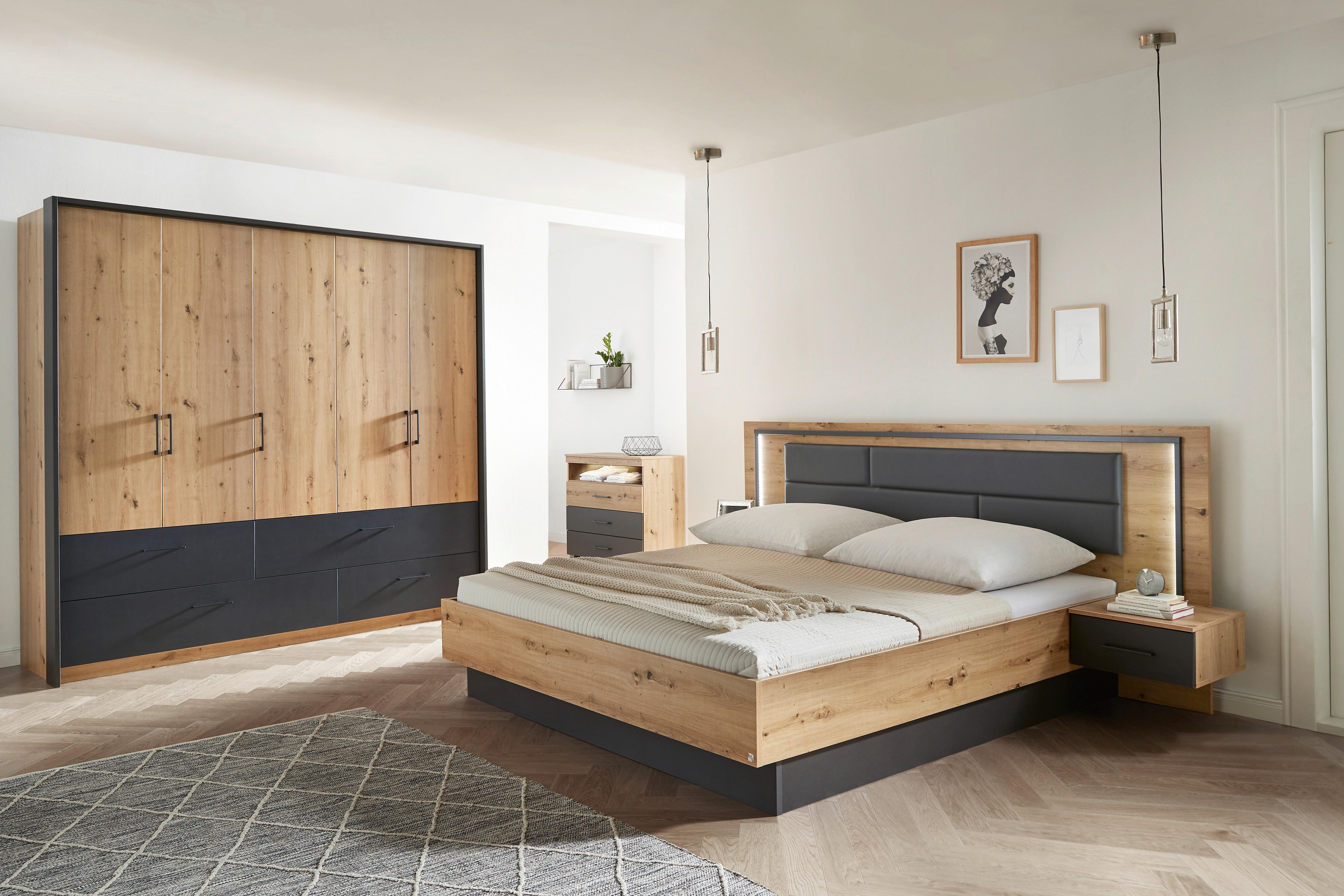 Doppelbett Mit Nachtkästchen 180x200 Cm Bilbao Grau/eiche - Eichefarben/Grau, Design, Holzwerkstoff/Textil (180/200cm) - Rauch Möbel