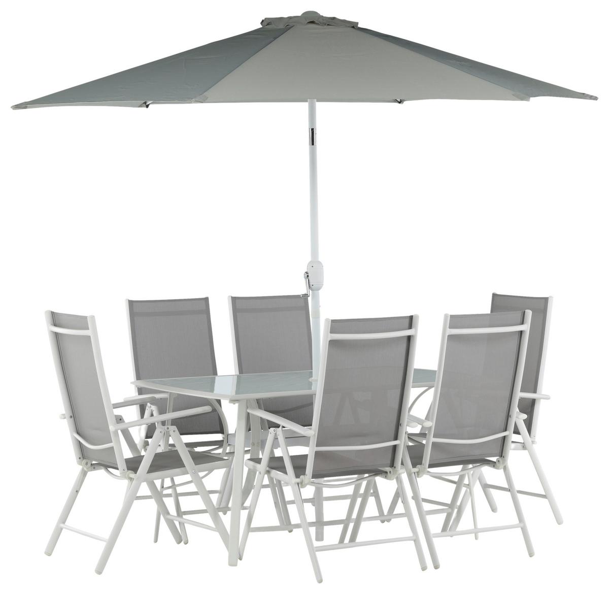 Gartentischgruppe 8-tlg Brekki Aus Aluminium Mit Schirm - Weiß, KONVENTIONELL, Glas/Metall - Gardenson