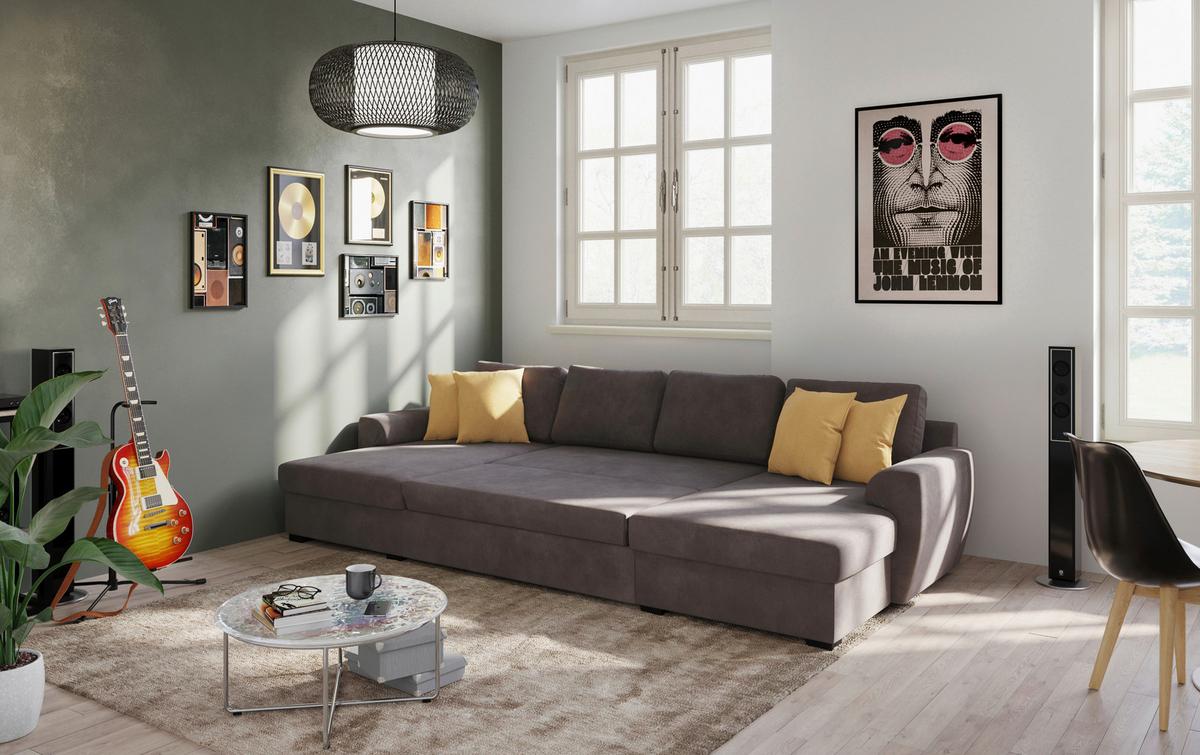 Wohnlandschaft m. Bettfunktion Mikrofaser braun, B: 327cm - Schwarz/Braun, Trend, Textil (154/327/86cm) - MID.YOU