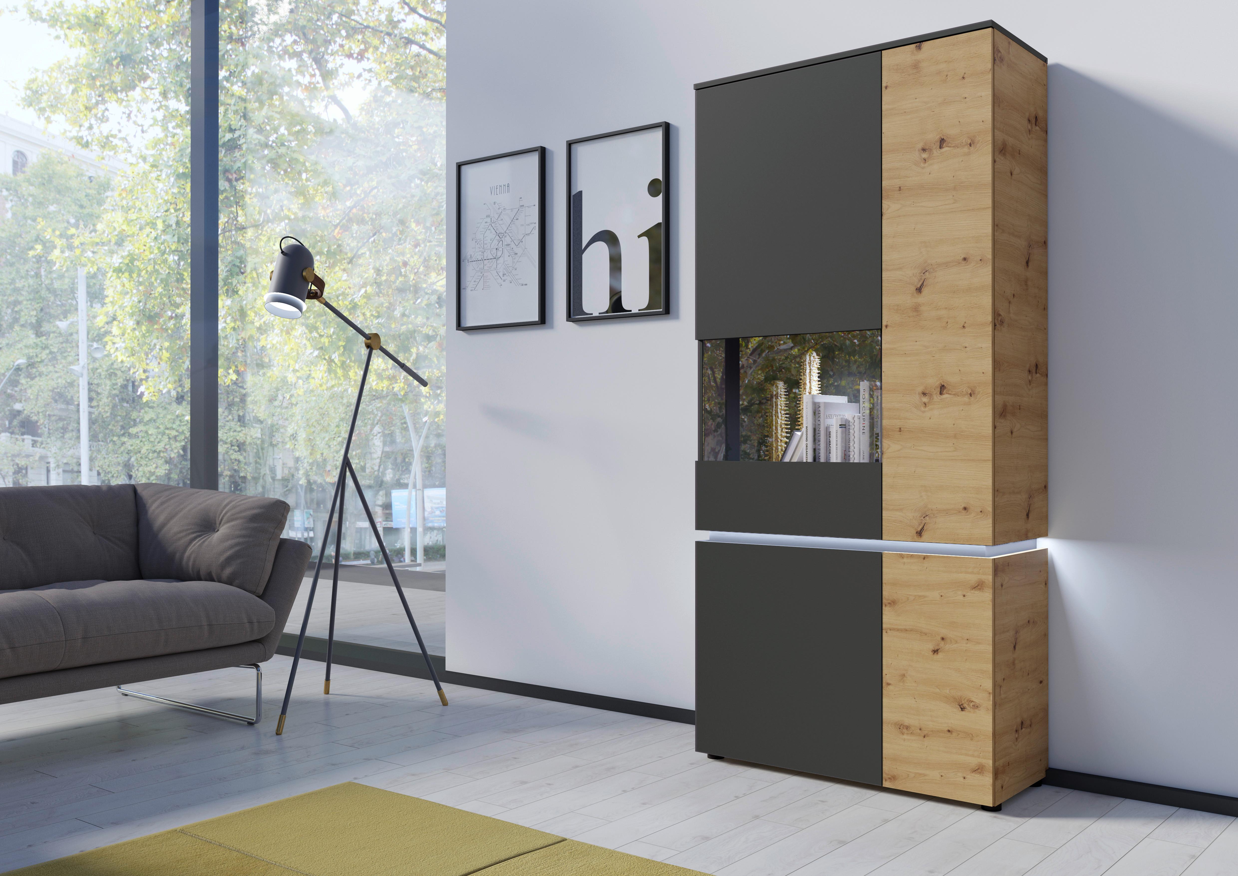 Vitrine Luci Grau Eiche Artisan/grau B: 90,4 Cm - Schwarz/Eiche Artisan, Trend, Glas/Holzwerkstoff (90,4/199/40cm) - MID.YOU