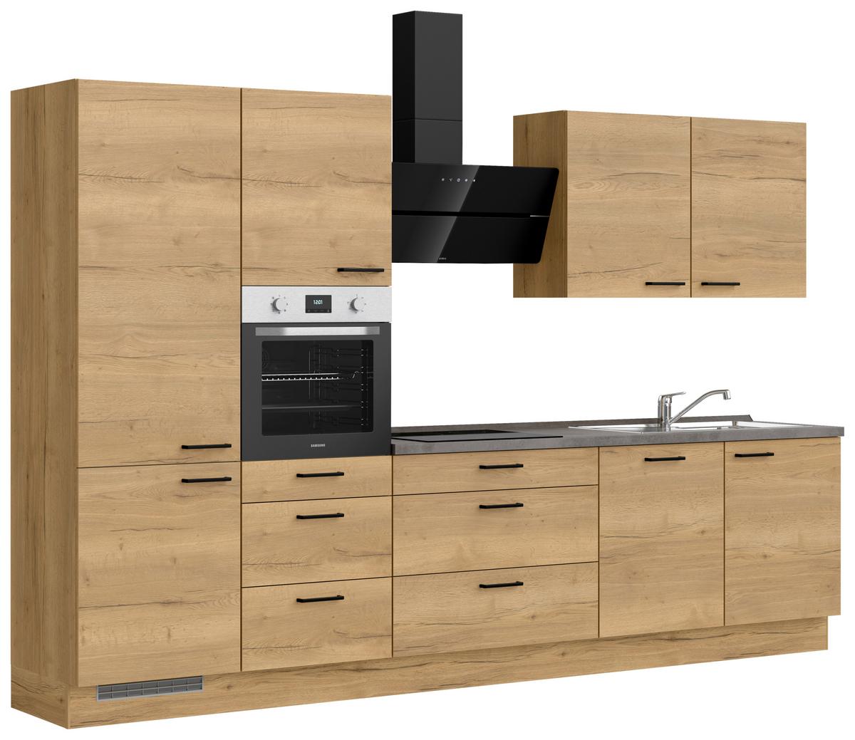 Kuchynská linka 330 cm, dub Sierra - čierna/farba duba, Modern, kov/kompozitné drevo (330cm) - Nobilia