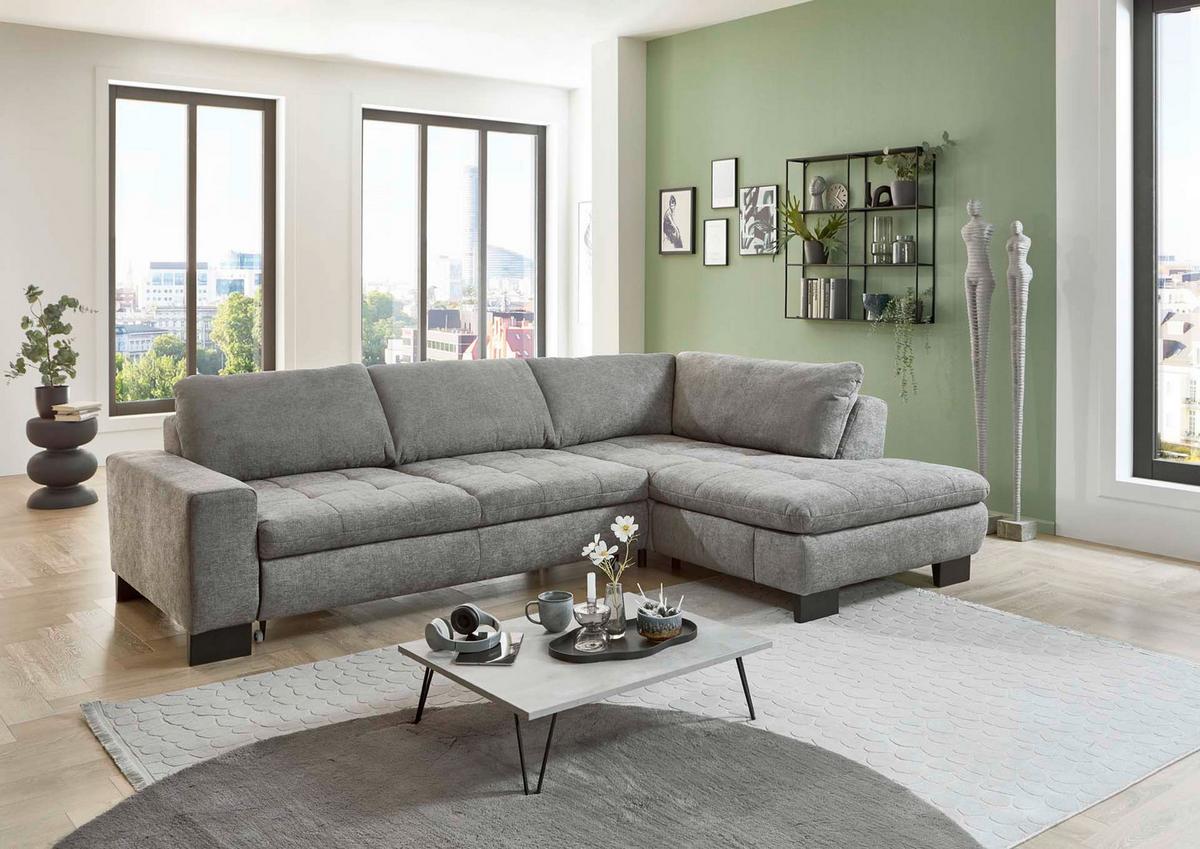 Rohová sedačka LANDO, pravá, sivá ženilka, bez funkcií - čierna/sivá, Modern, kov/textil (289/197cm) - Premium Living