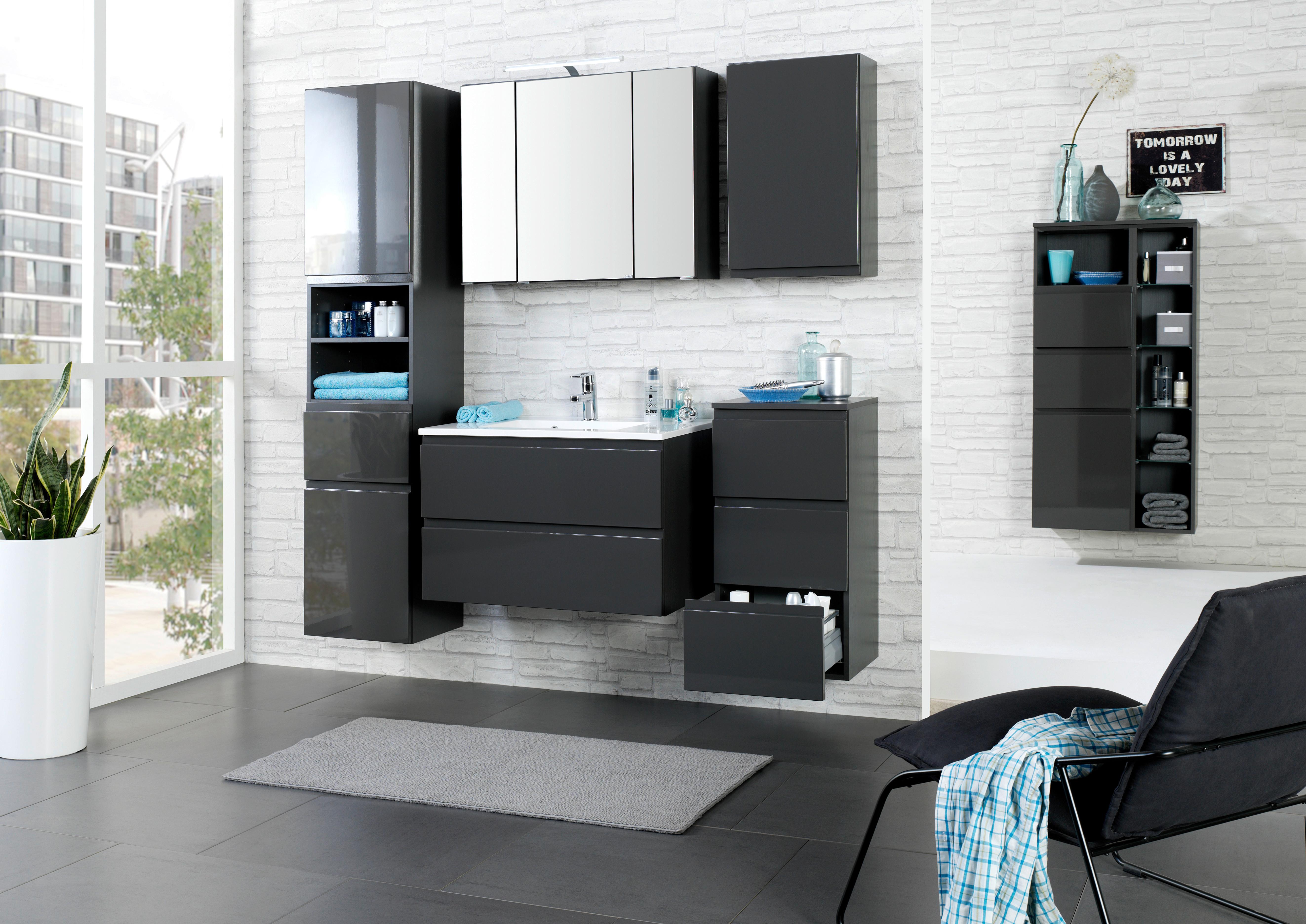 Waschbecken Mit Unterschrank Cardiff B: 80cm, Graphitfarben - Graphitfarben/Weiß, Design, Holzwerkstoff/Stein (80cm) - Held