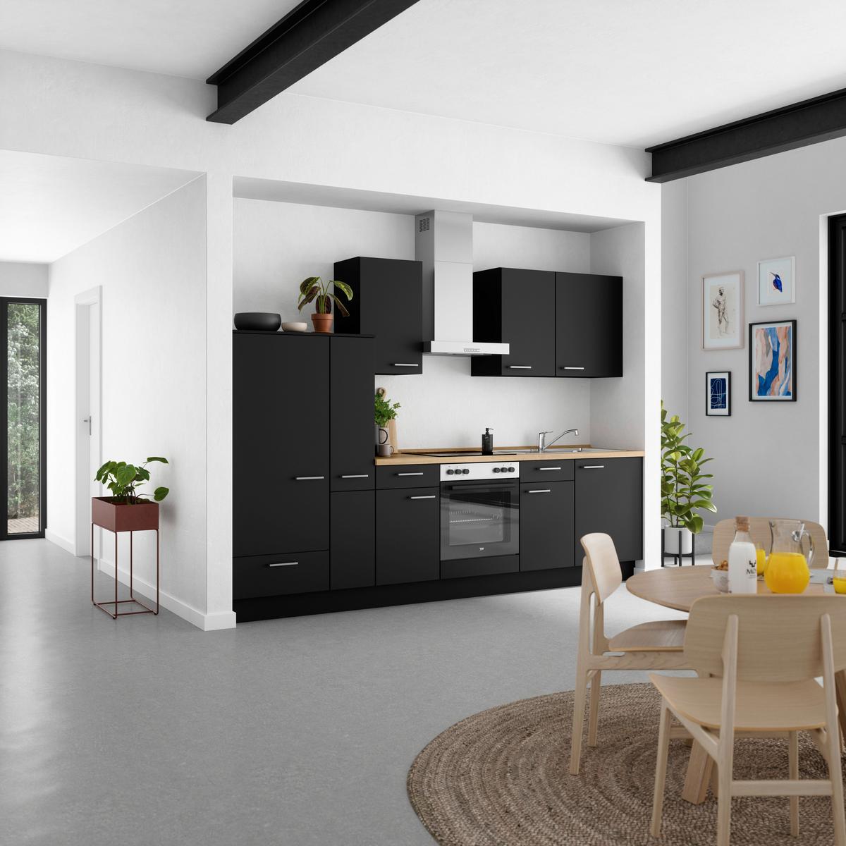 Kuchyňská linka 300 cm, černá matná - černá/barvy dubu, Moderní, kov/kompozitní dřevo (300cm) - Nobilia