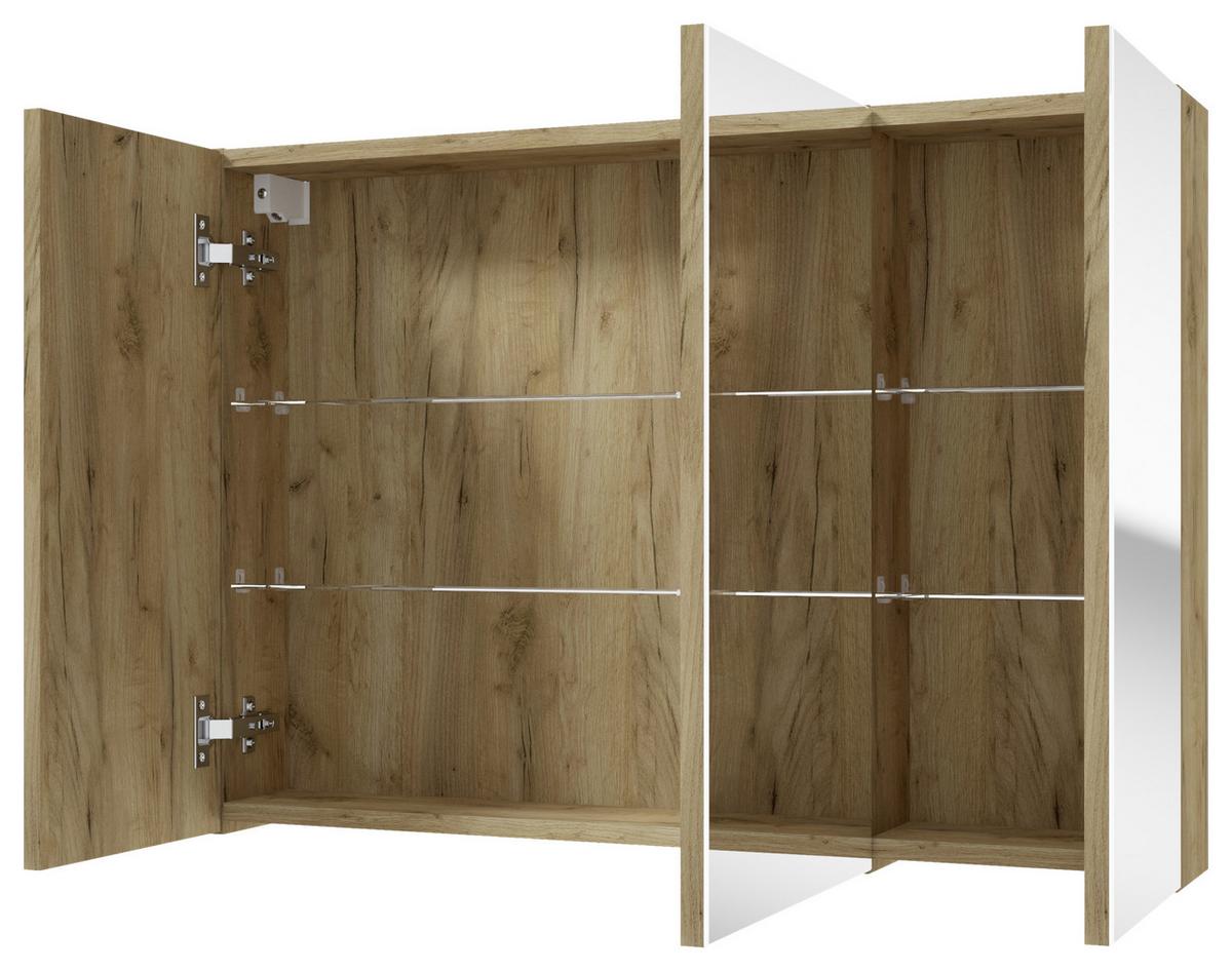 Eichefarbener Spiegelschrank mit vier Einlegeböden aus Glas