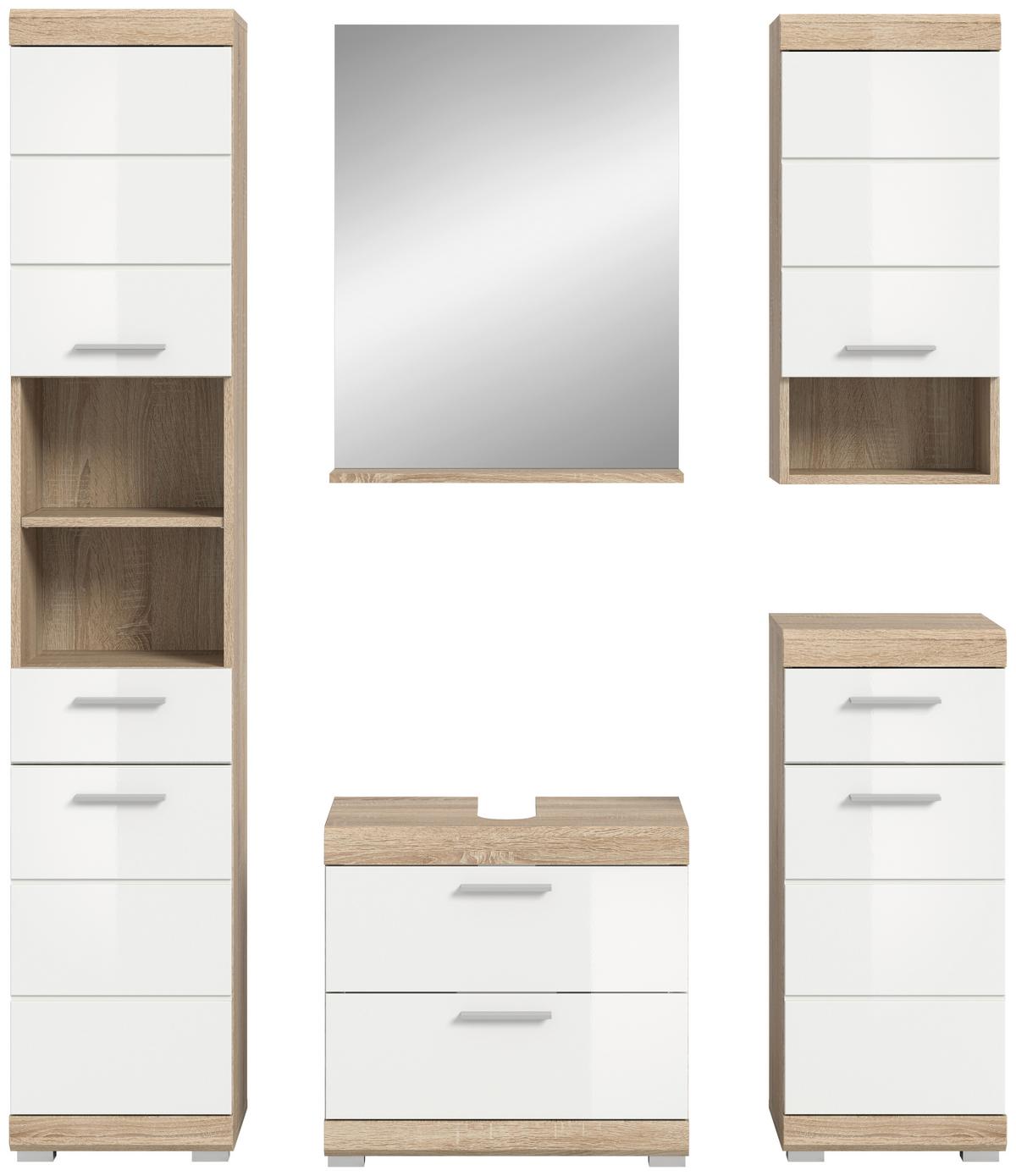 Badezimmer Lambada Eiche Dekor/weiß B: 134 Cm - Weiß Hochglanz/Silberfarben, MODERN, Glas/Holzwerkstoff (134cm) - MID.YOU
