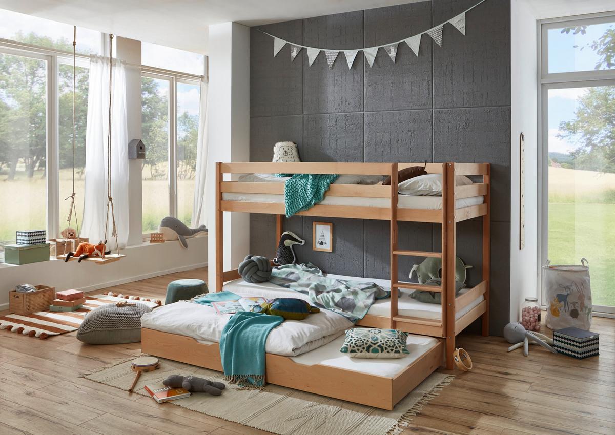 Etagenbett Lupo 2 Natur Buche Massiv Mit Absturzsicherung - Buchefarben, KONVENTIONELL, Holz (90/200cm)