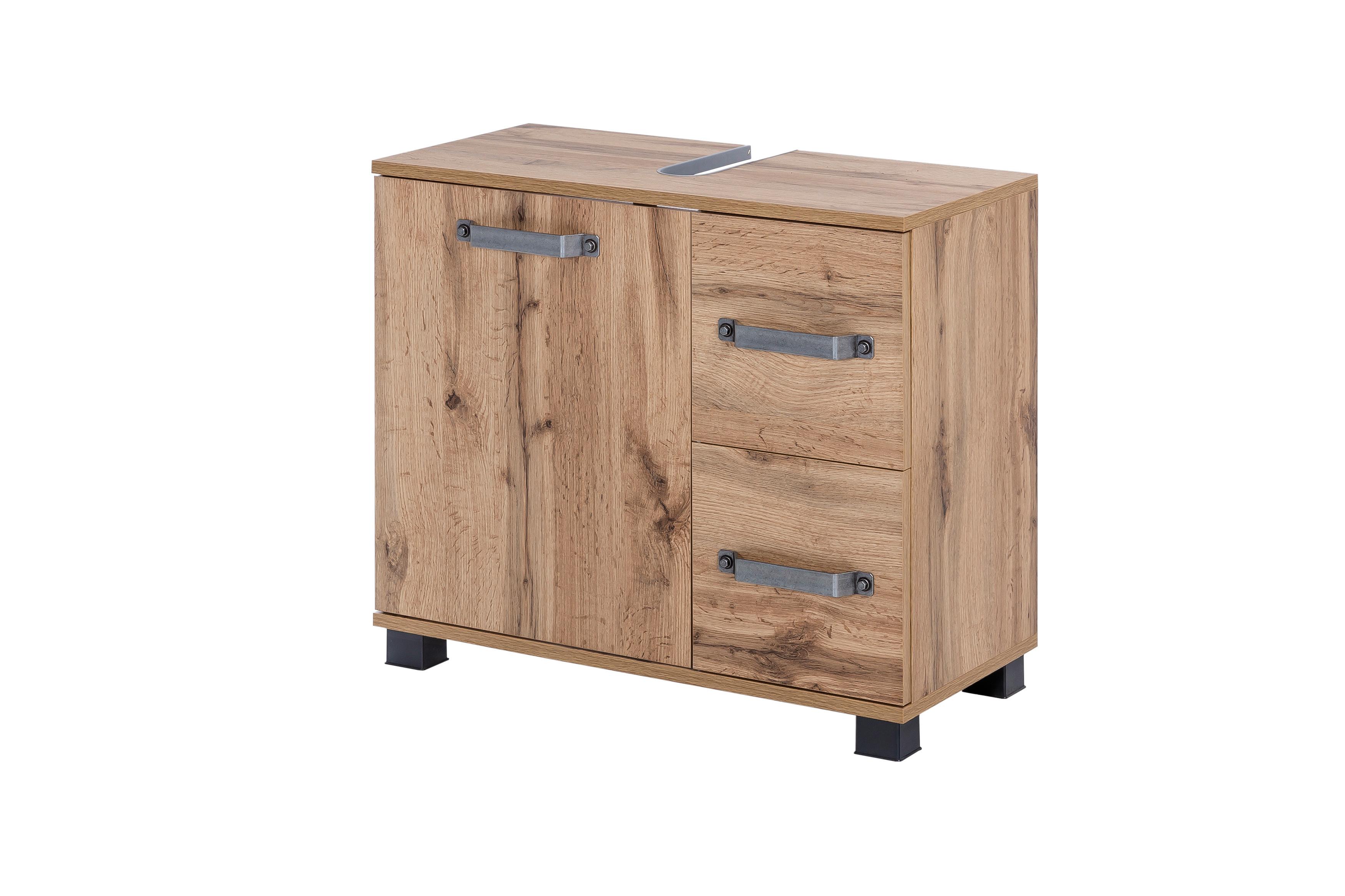 Waschbeckenunterschrank Milan B: 65,1 cm Eiche Dekor - Eichefarben/Schwarz, KONVENTIONELL, Holzwerkstoff (65,1/59/32cm) - MID.YOU