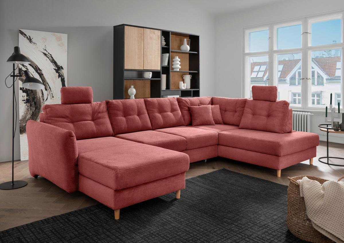 Wohnlandschaft Brizzini mit Schlaffunktion, Koralle - Koralle/Naturfarben, MODERN, Textil (176/338-352/206cm) - Livetastic