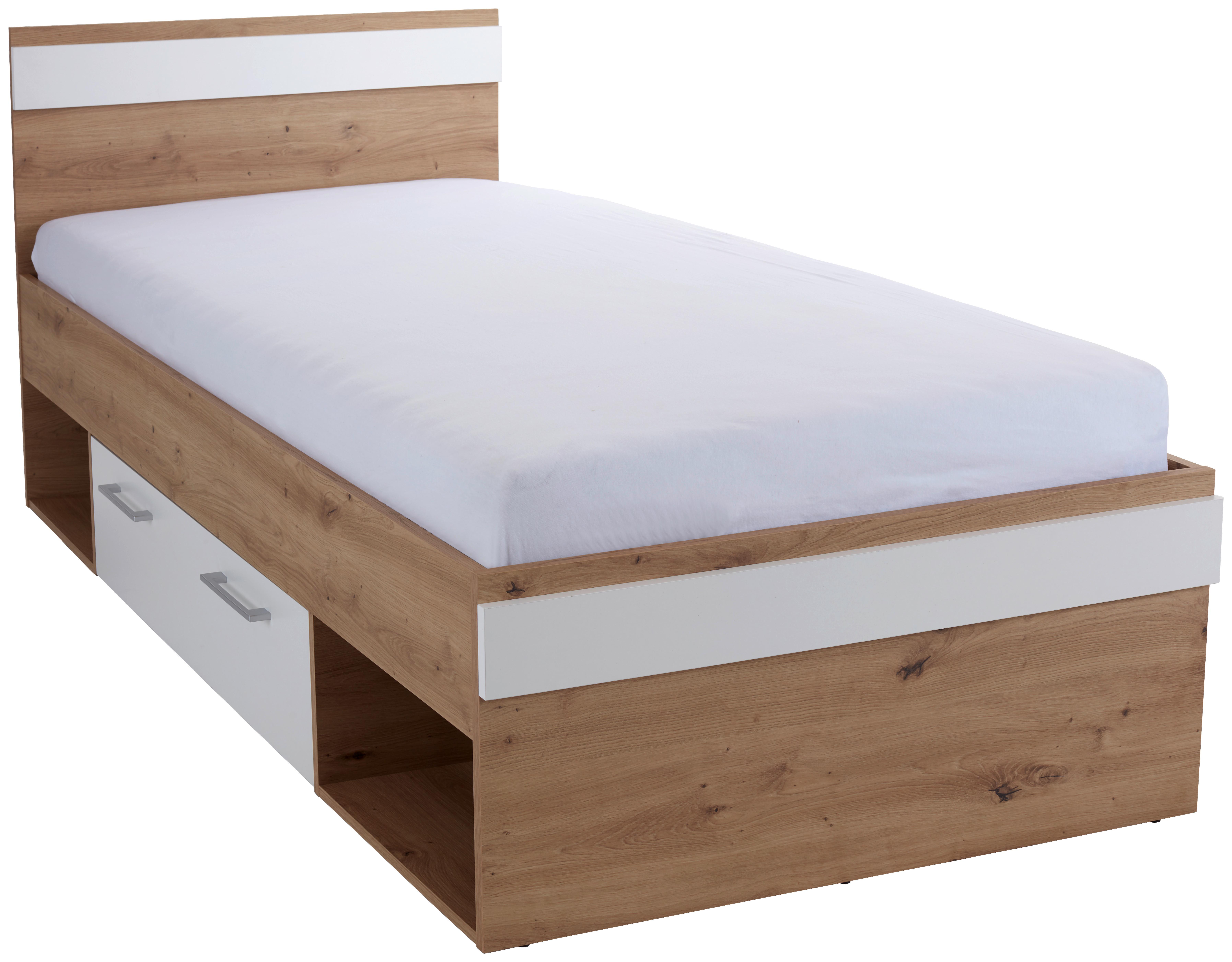 Stauraumbett 90x200 cm Box, Artisan Eiche Dekor/Weiß - Blau/Eichefarben, MODERN, Holzwerkstoff (90/200cm) - Ondega