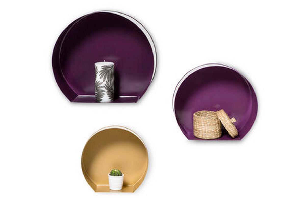 Wandregal-Set Triple 3-Teilig B:27-39,5cm Pflaume/Goldfarben - Pflaume/Goldfarben, LIFESTYLE, Metall (27-39,5/26-37,5/12cm) - Kayoom