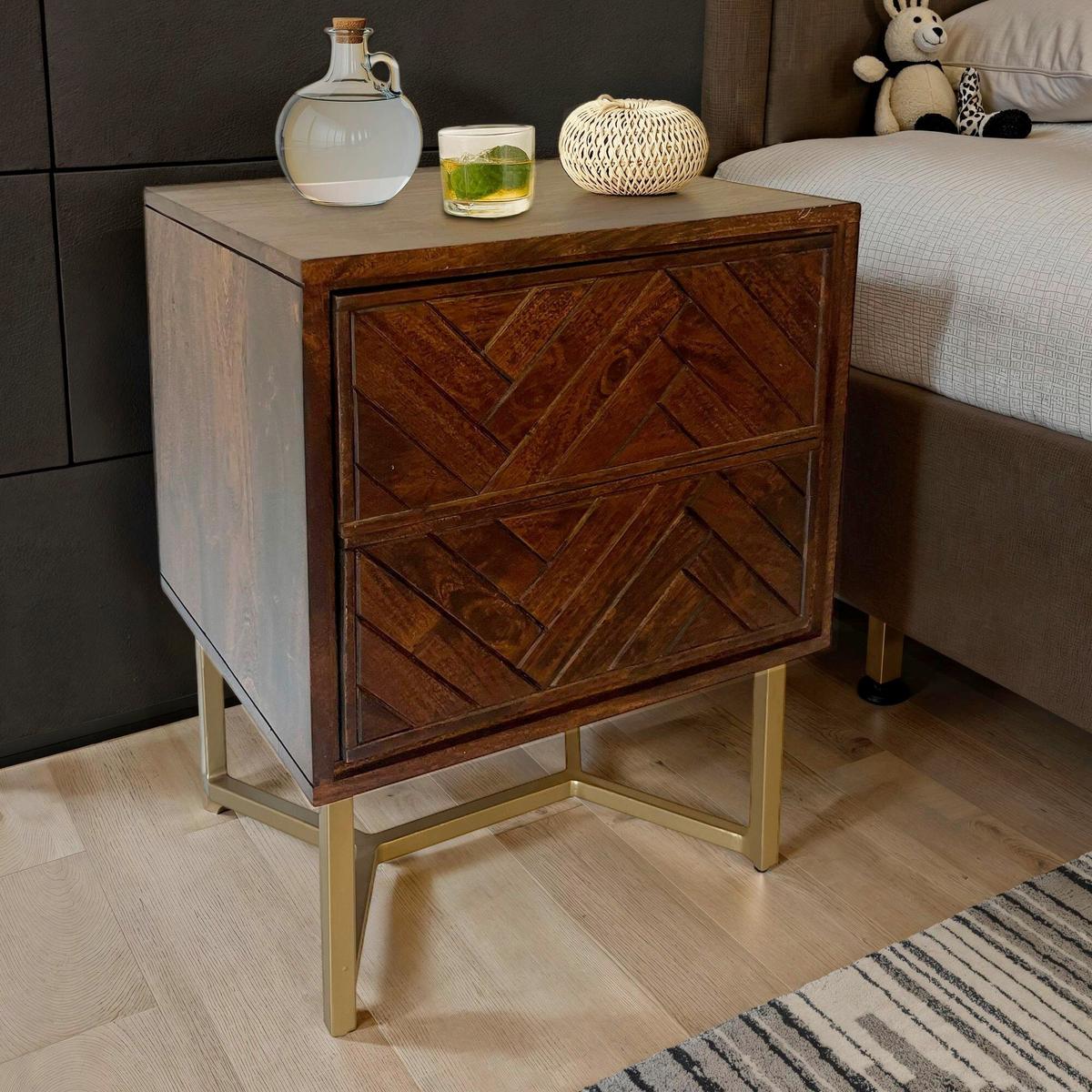 Nachttisch Dunkelbraun B: 45 cm - Dunkelbraun/Goldfarben, Natur, Holz/Metall (45/40/57cm) - Livetastic