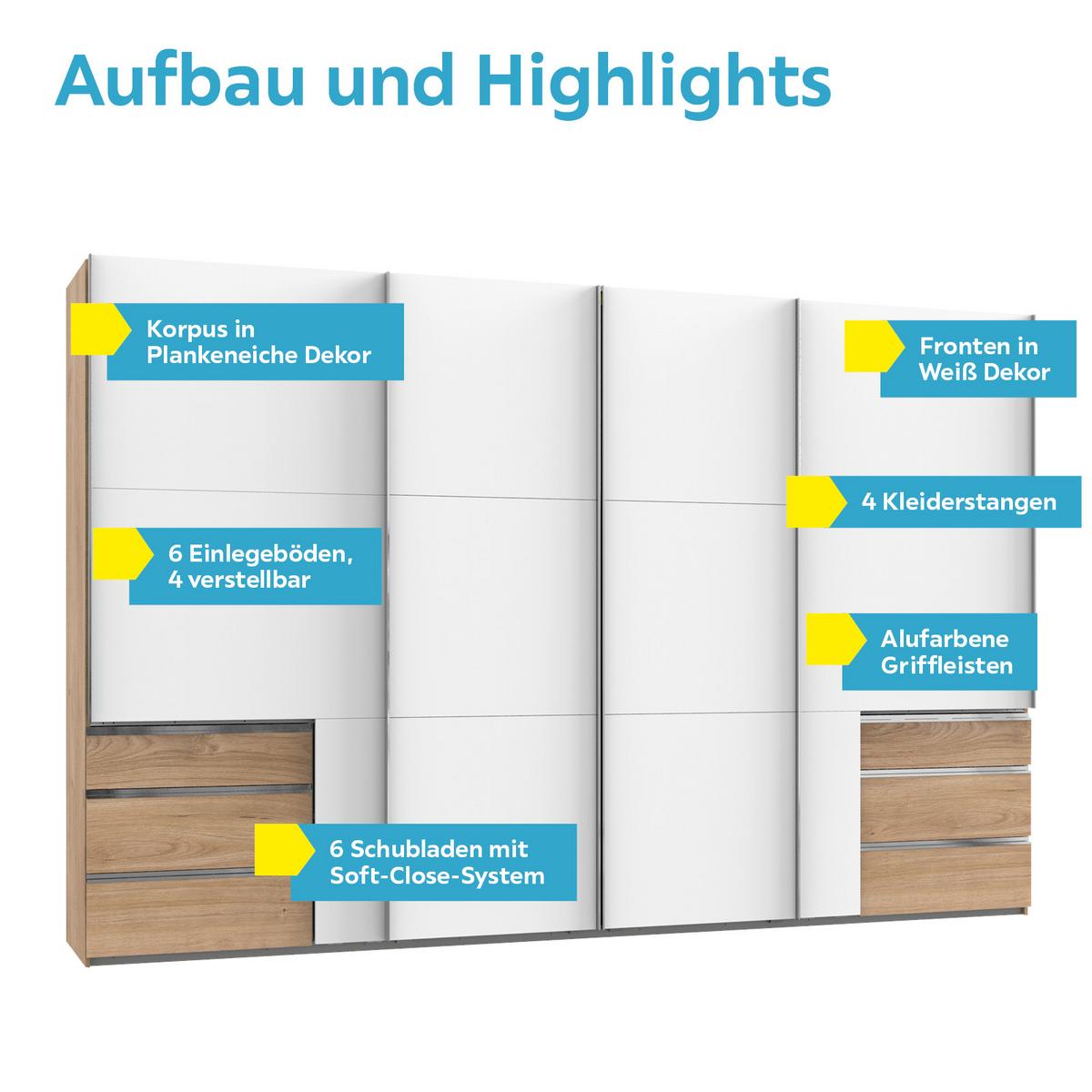 Schwebetürenschrank Mit Laden 350cm Level 36a, Weiß/eiche - Eichefarben/Weiß, Basics, Holzwerkstoff (350,00/216,00/65,00cm) - MID.YOU
