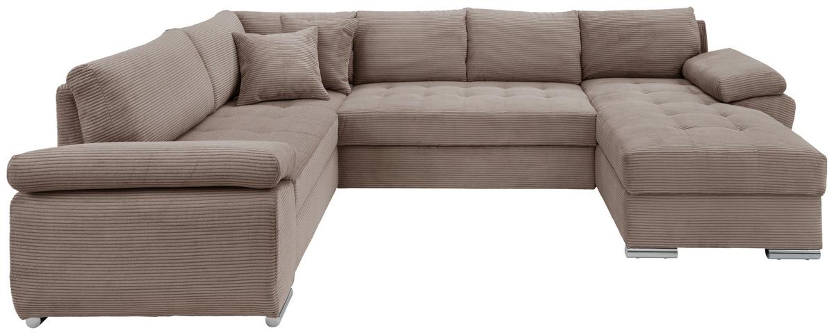 Wohnlandschaft Terana mit Schlaffunktion, Graubraun - Chromfarben/Graubraun, KONVENTIONELL, Textil (219/305/157cm) - Livetastic