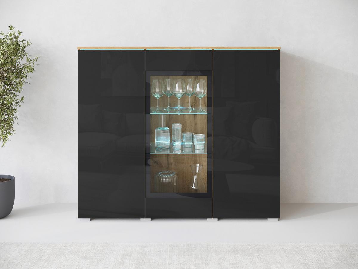 Highboard 120cm Vera Schwarz/Wotan Eiche - Schwarz Hochglanz/Eiche Wotan, Trend, Glas/Holzwerkstoff (120/103,3/39,5cm) - P & B