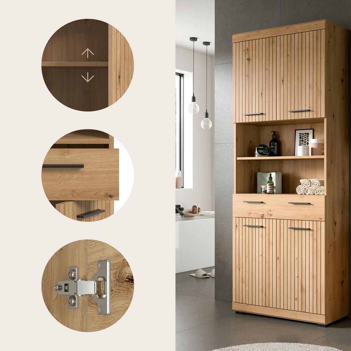 Hochschrank Scout Eiche Artisan Dekor B: 74cm - Schwarz/Eiche Artisan, Trend, Holzwerkstoff (74/191/31cm) - MID.YOU