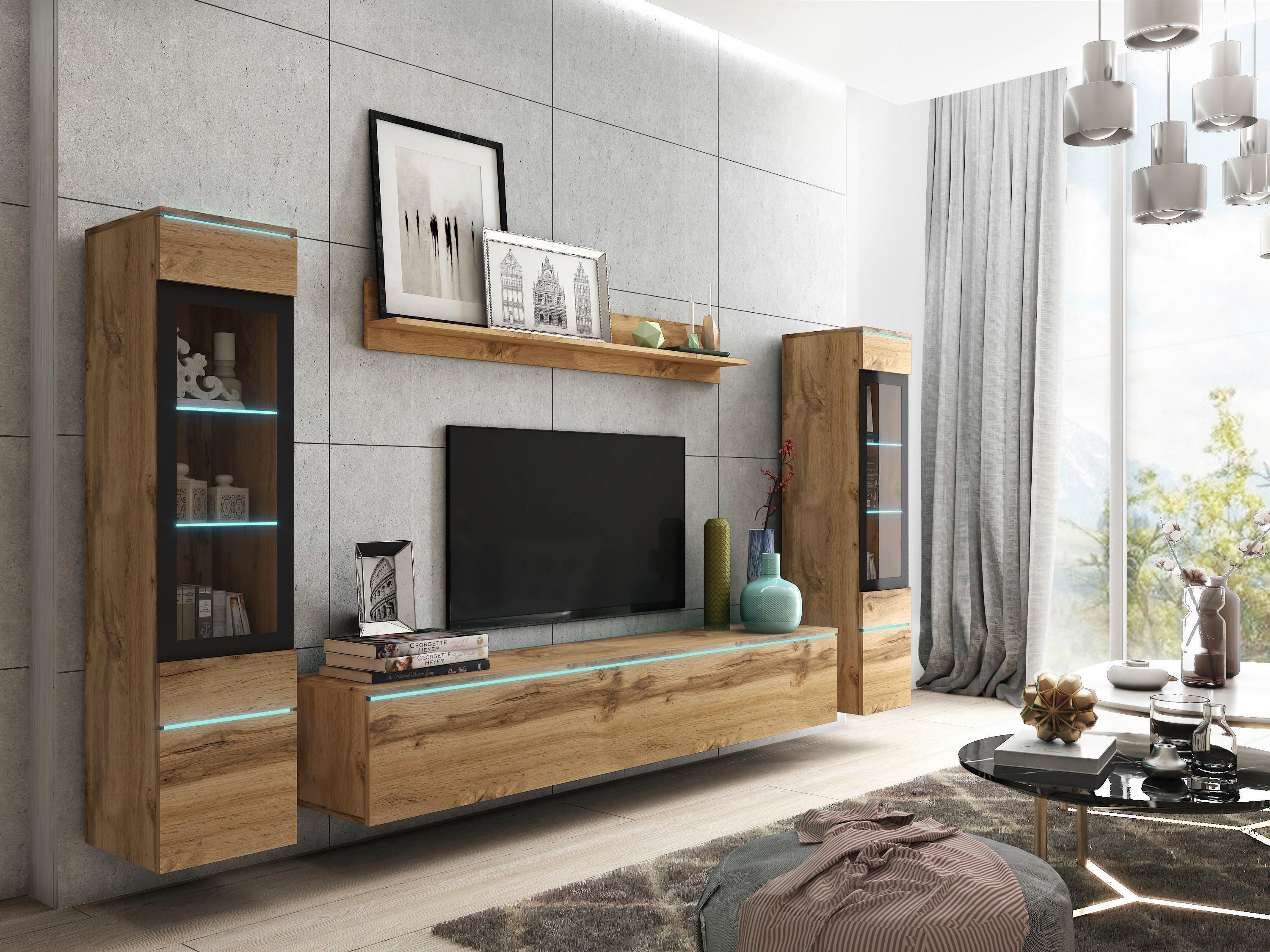 Wohnkombination 4-Tlg. mit Led Vera Eiche Dekor - Eiche Wotan/Grau, LIFESTYLE, Glas/Holzwerkstoff (240/130/33cm) - P & B