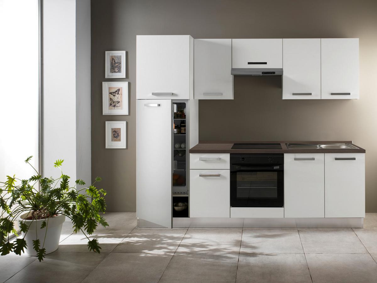 Küchenzeile Belluna M. Geräten 250 Cm Weiß/eiche Elegant - Eiche dunkel/Alufarben, Basics, Holzwerkstoff/Kunststoff (250cm) - MID.YOU