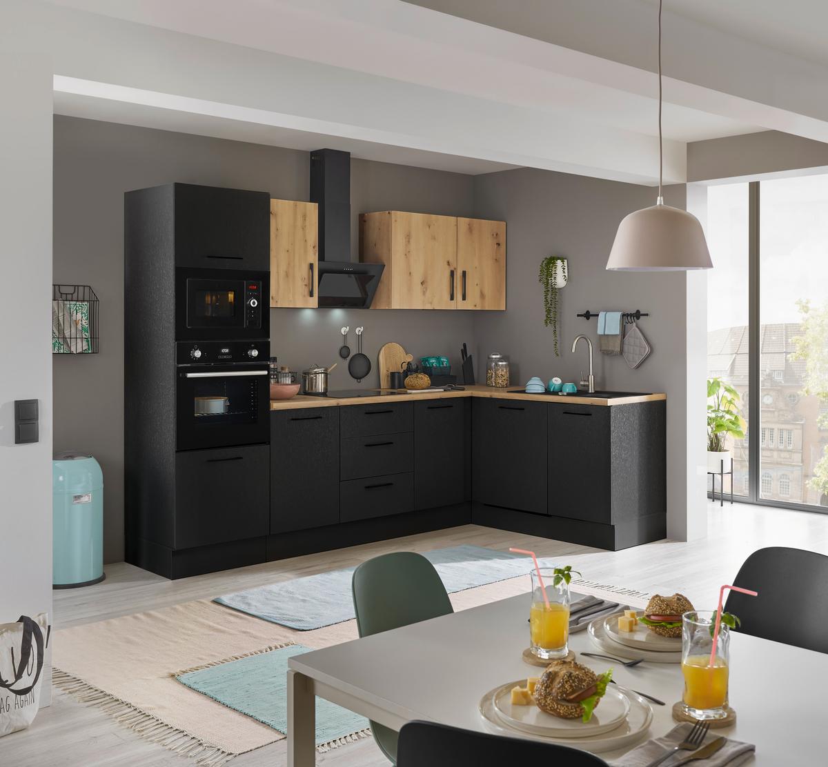 Eckküche Turin Schwarz/Eiche Dekor 280x175 cm - Schwarz/Eiche Artisan, Basics, Holzwerkstoff (280/175cm) - MID.YOU