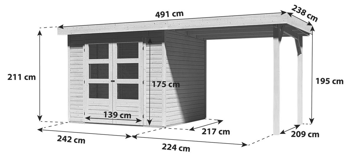 Gartenhaus mit Anbaudach Natur 482x211x217cm Bregenz - Naturfarben, Holz (482/211/217cm) - Karibu