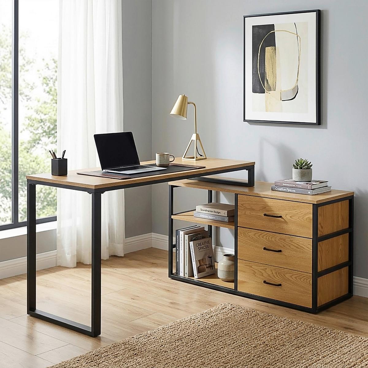 Eckschreibtisch Flux Schwarz/Eichefarben L: 140 cm - Eichefarben/Schwarz, MODERN, Holzwerkstoff/Metall (140/100/75cm) - Livetastic