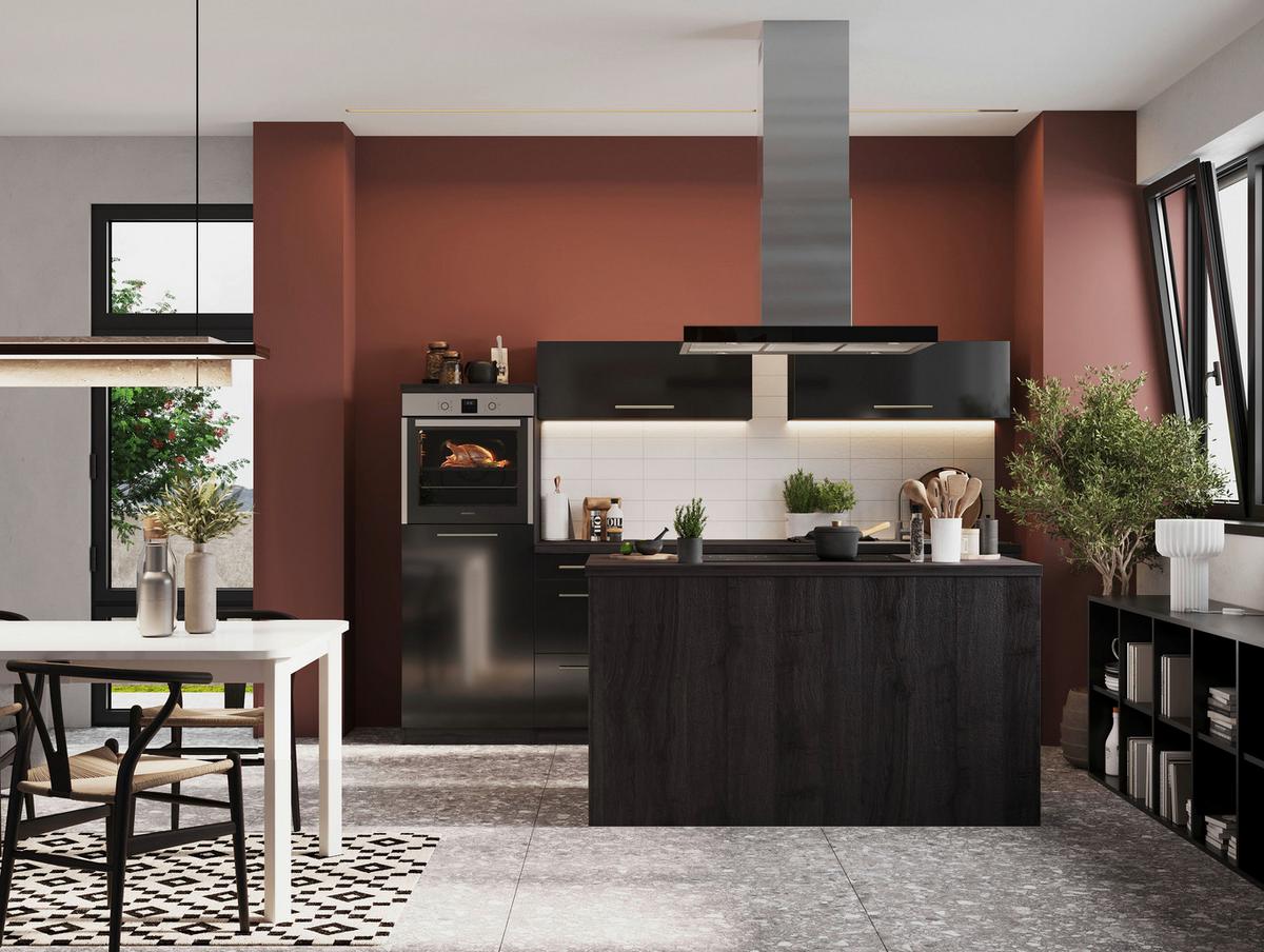 Küchenzeile Premium mit Geräte 280 cm Grau/Schwarz +kochinsel - Eichefarben/Schwarz, Basics, Holzwerkstoff (280/160cm) - Respekta