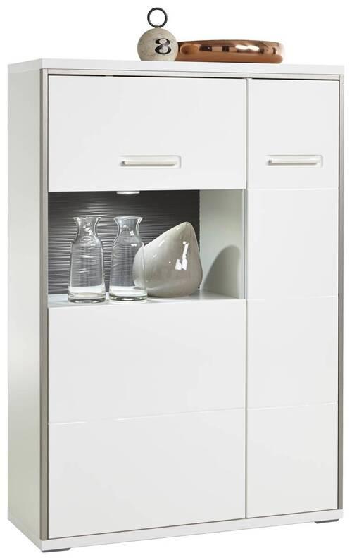 Highboard B: 94 Trento Grau/silberfarben/weiß - Weiß Hochglanz/Silberfarben, Design, Glas/Holzwerkstoff (94/137/38cm) - Livetastic