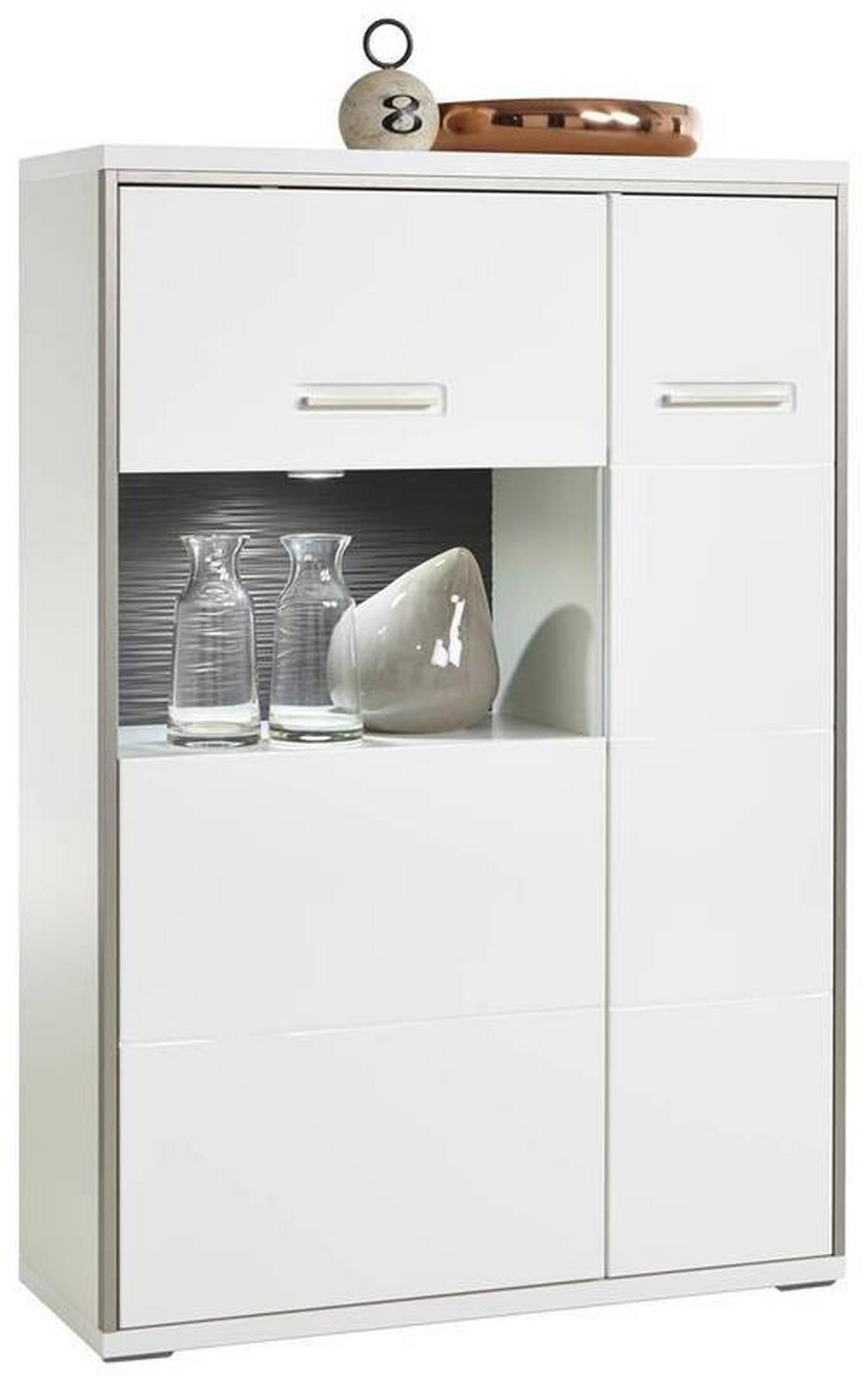 Highboard B: 94 Trento Grau/Silberfarben/Weiß - Weiß Hochglanz/Silberfarben, Design, Glas/Holzwerkstoff (94/137/38cm) - Livetastic