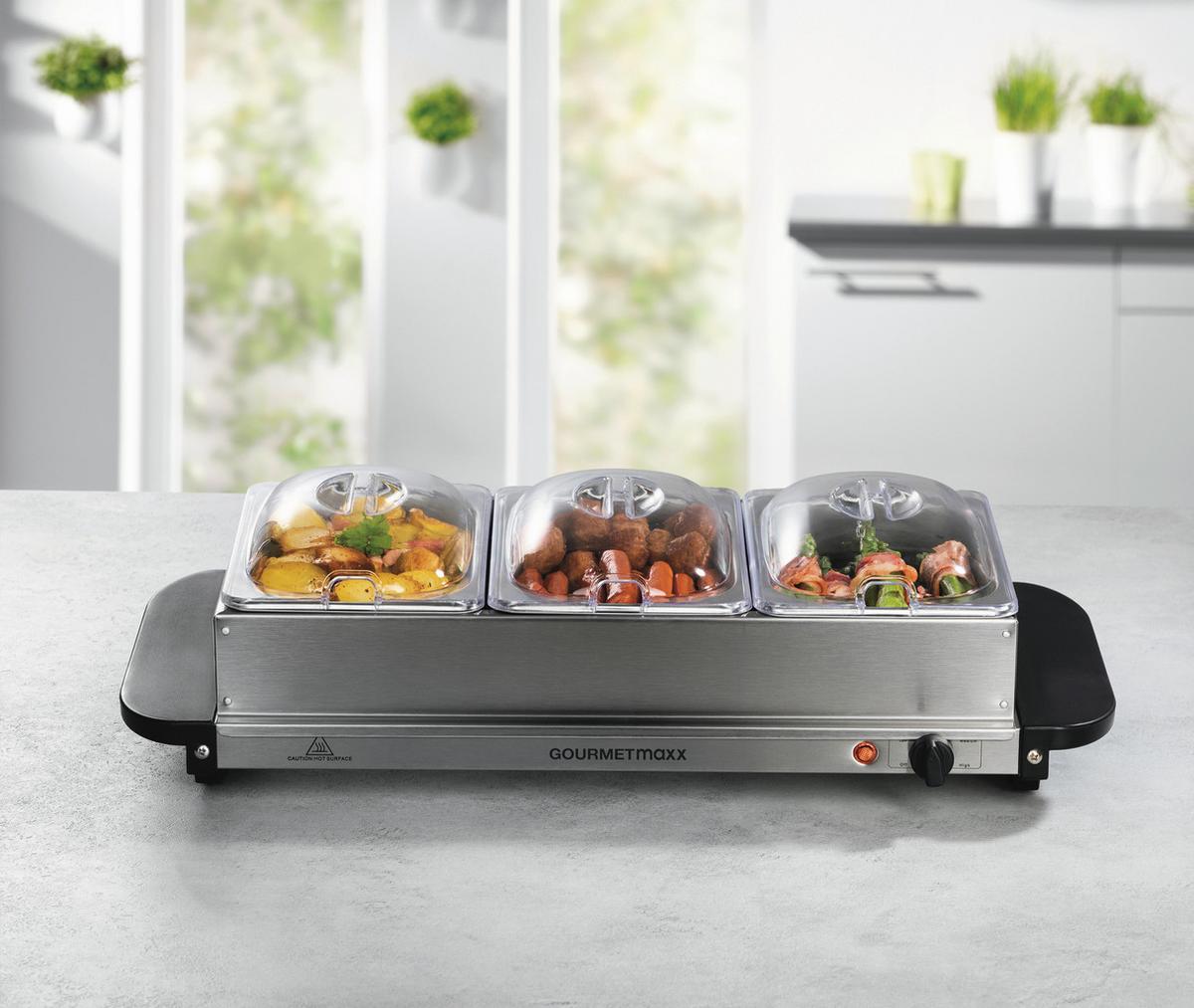 CHAFING-DISH 200W, 220-240V, 3 Behälter - Silberfarben/Schwarz, Basics, Kunststoff/Metall (54,6/14,7/27,8cm) - GOURMETMAXX