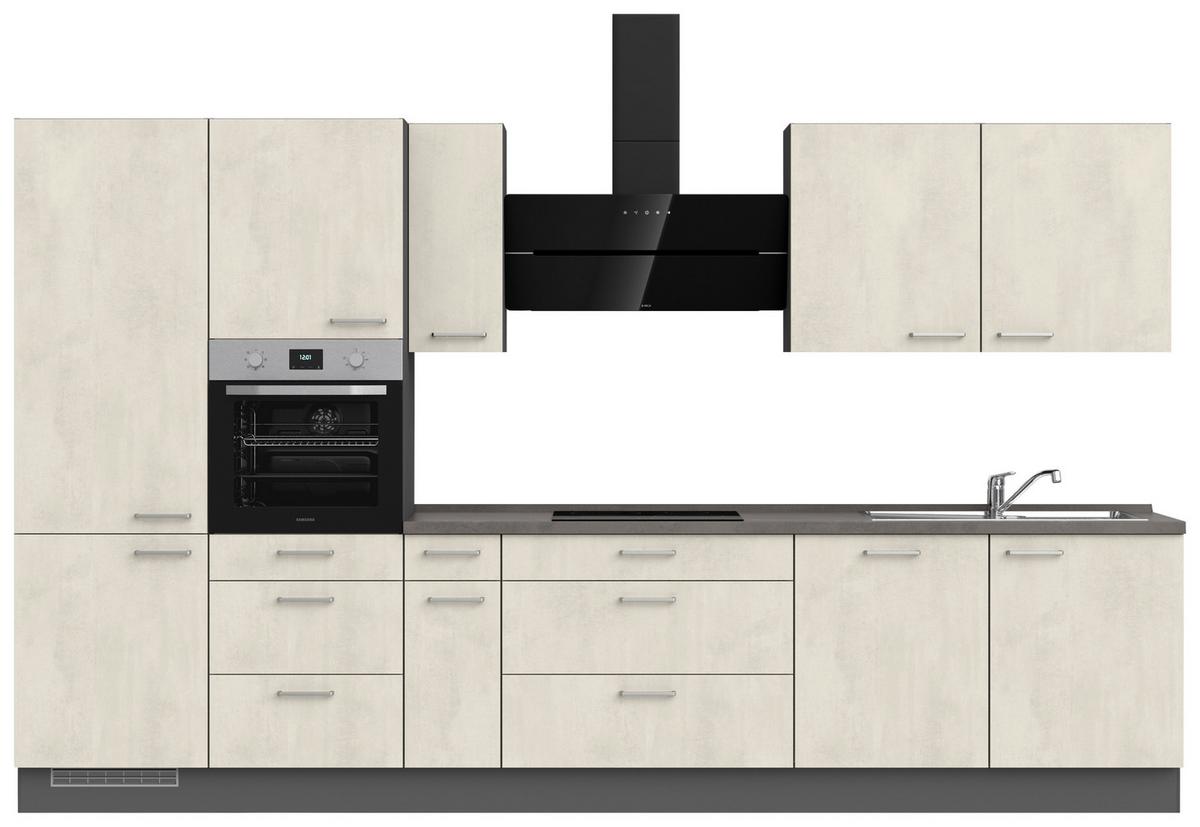 Linka bez spotrebičov a drezu Biela / bridlicový beton - biela/farba ušľachtilej ocele, Modern, kov/kompozitné drevo (360cm) - Nobilia