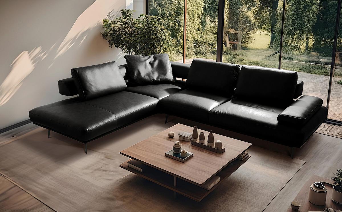 Ecksofa Como Echtleder Schwarz 237x306 - Schwarz/Grau, Design, Leder (237/306cm) - Livetastic