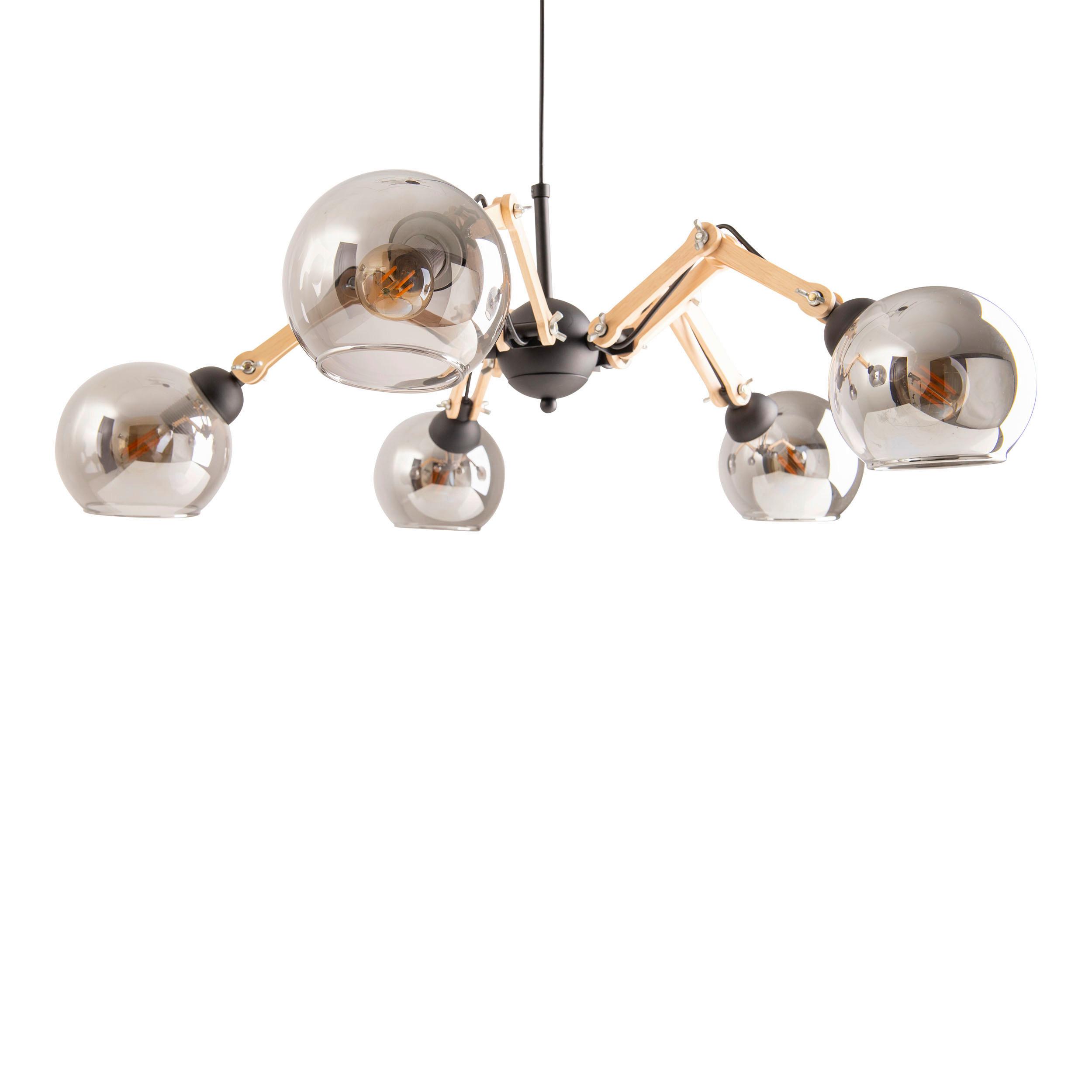 Hängeleuchte H: 130 cm 5-Flammig, Echtholz/Eisen - Schwarz/Naturfarben, Design, Glas/Holz (80/130cm) - Näve