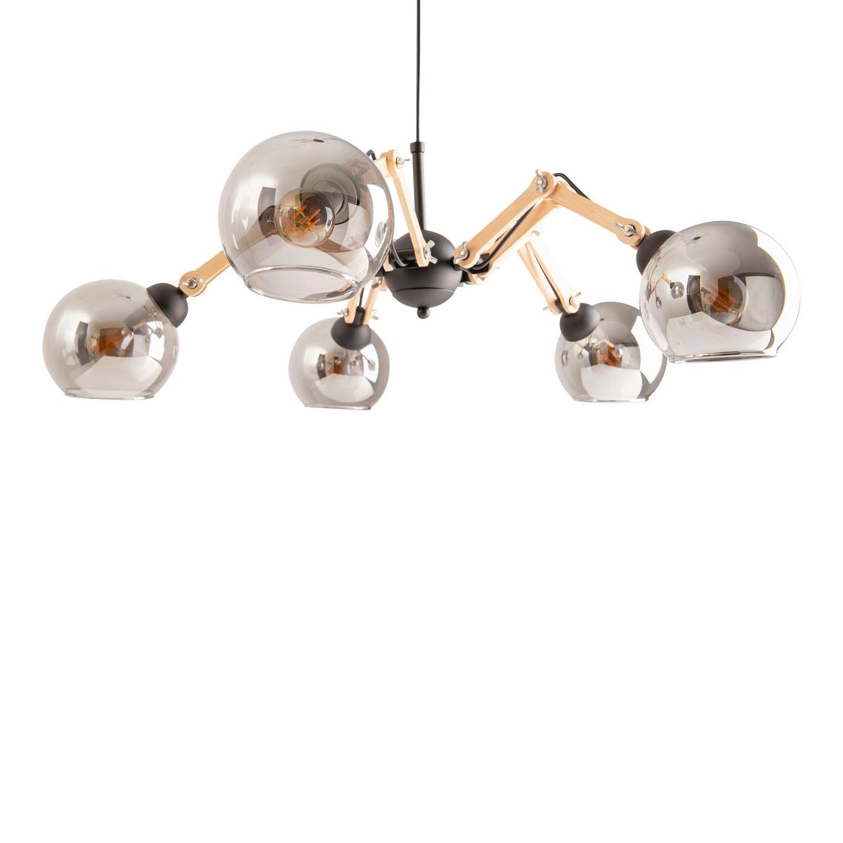 Hängeleuchte H: 130 Cm 5-Flammig, Echtholz/eisen - Schwarz/Naturfarben, Design, Glas/Holz (80/130cm) - Näve